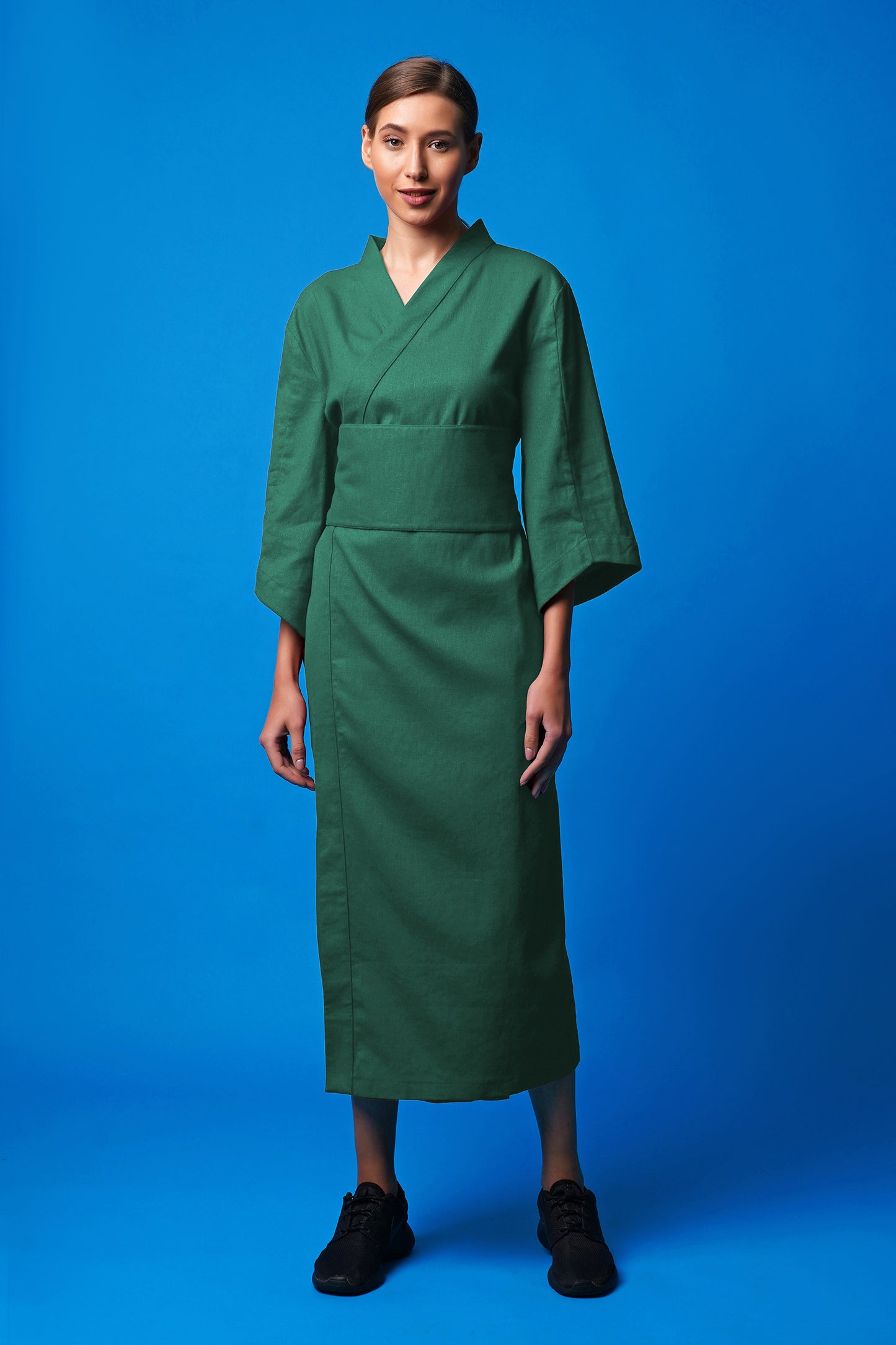Green linen wrap dress