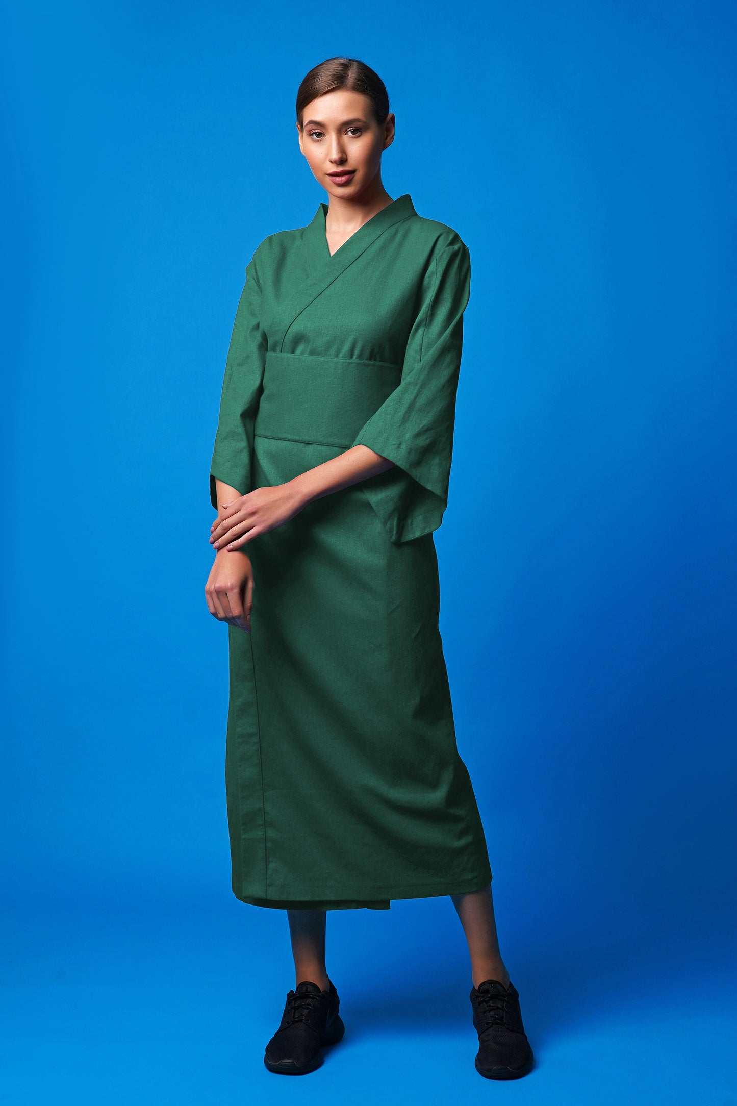 Green linen wrap dress