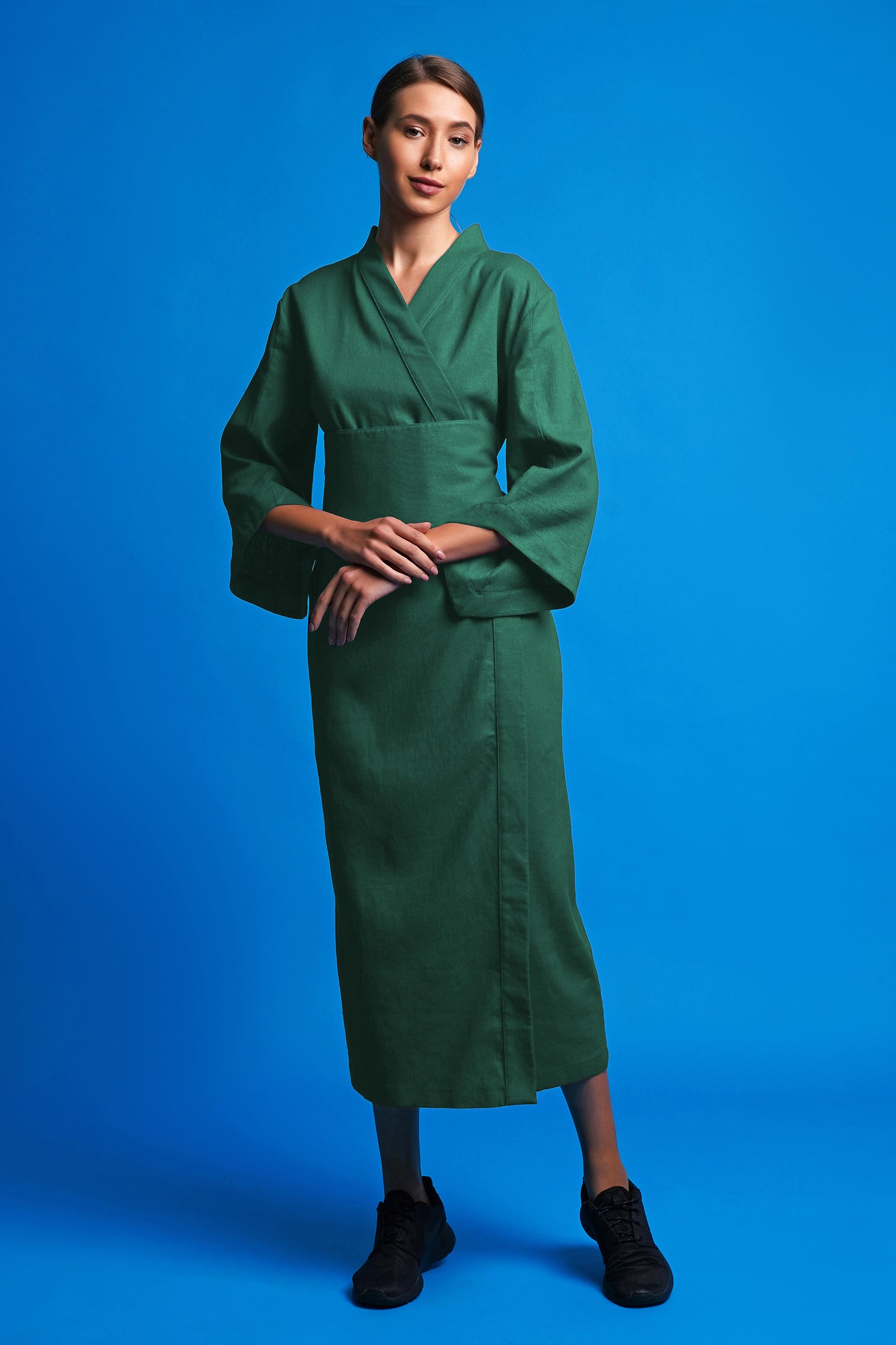 Green linen wrap dress