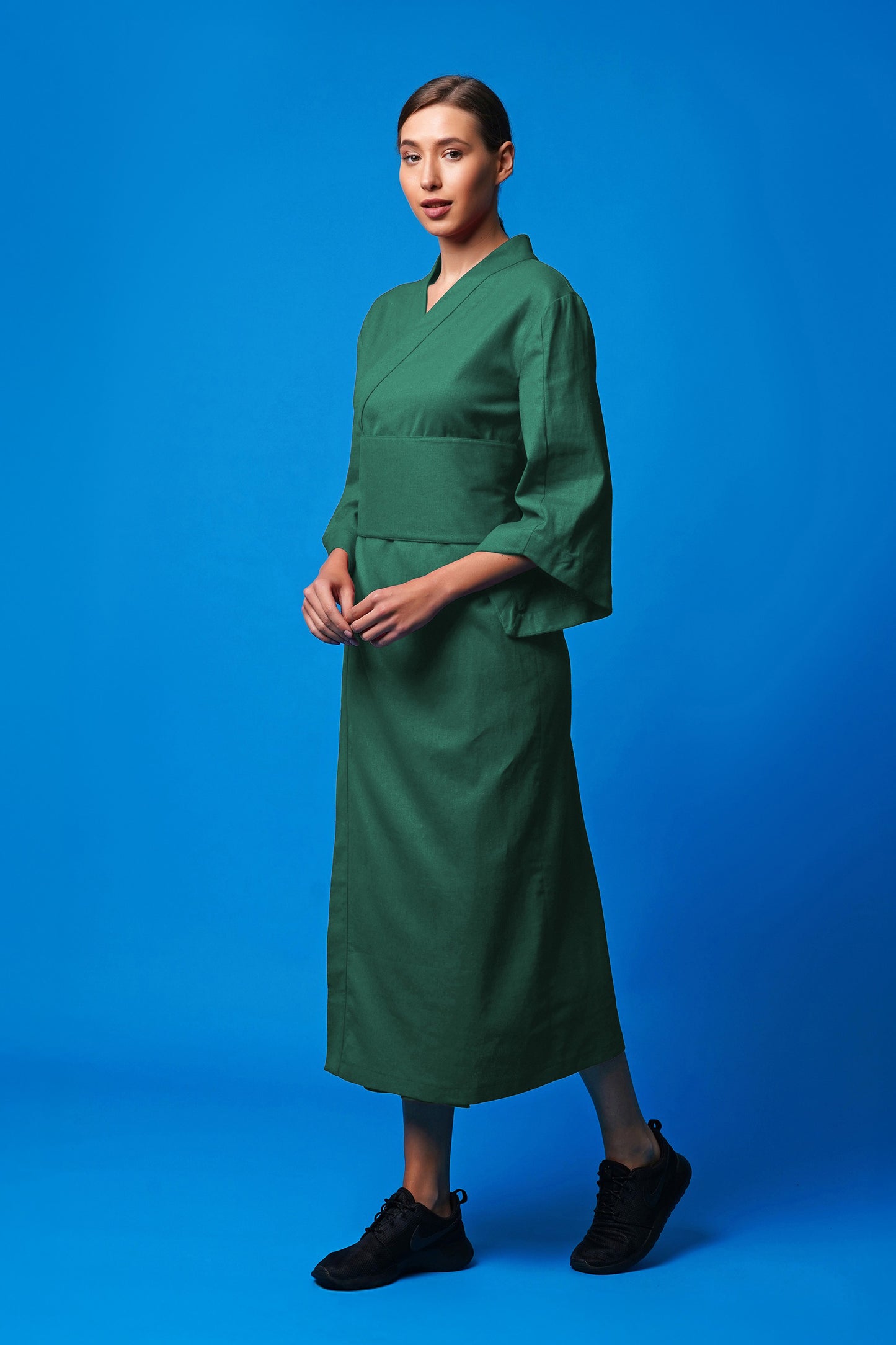 Green linen wrap dress