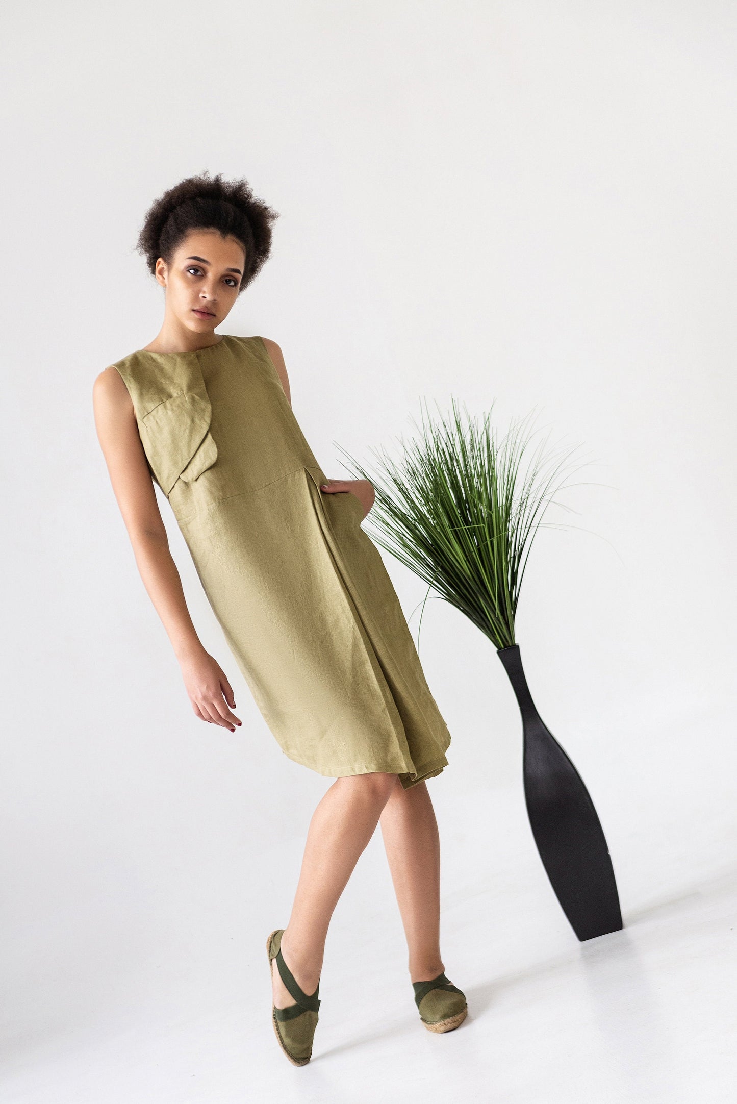Olive green linen dress