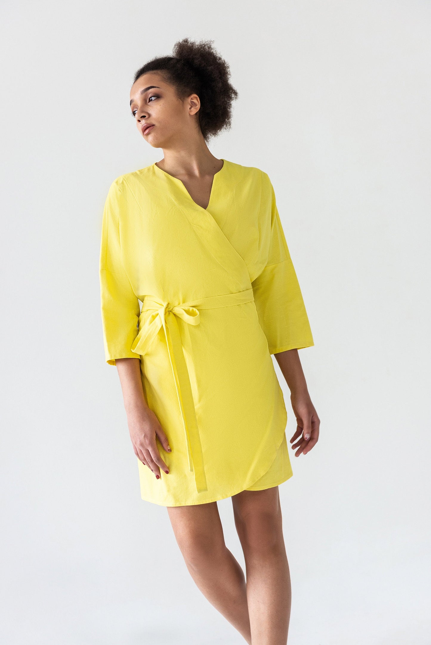 Yellow linen wrap midi dress