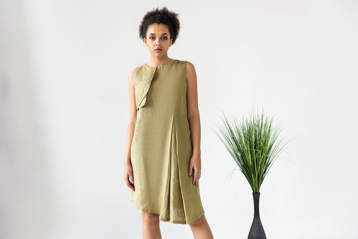 Olive green linen dress