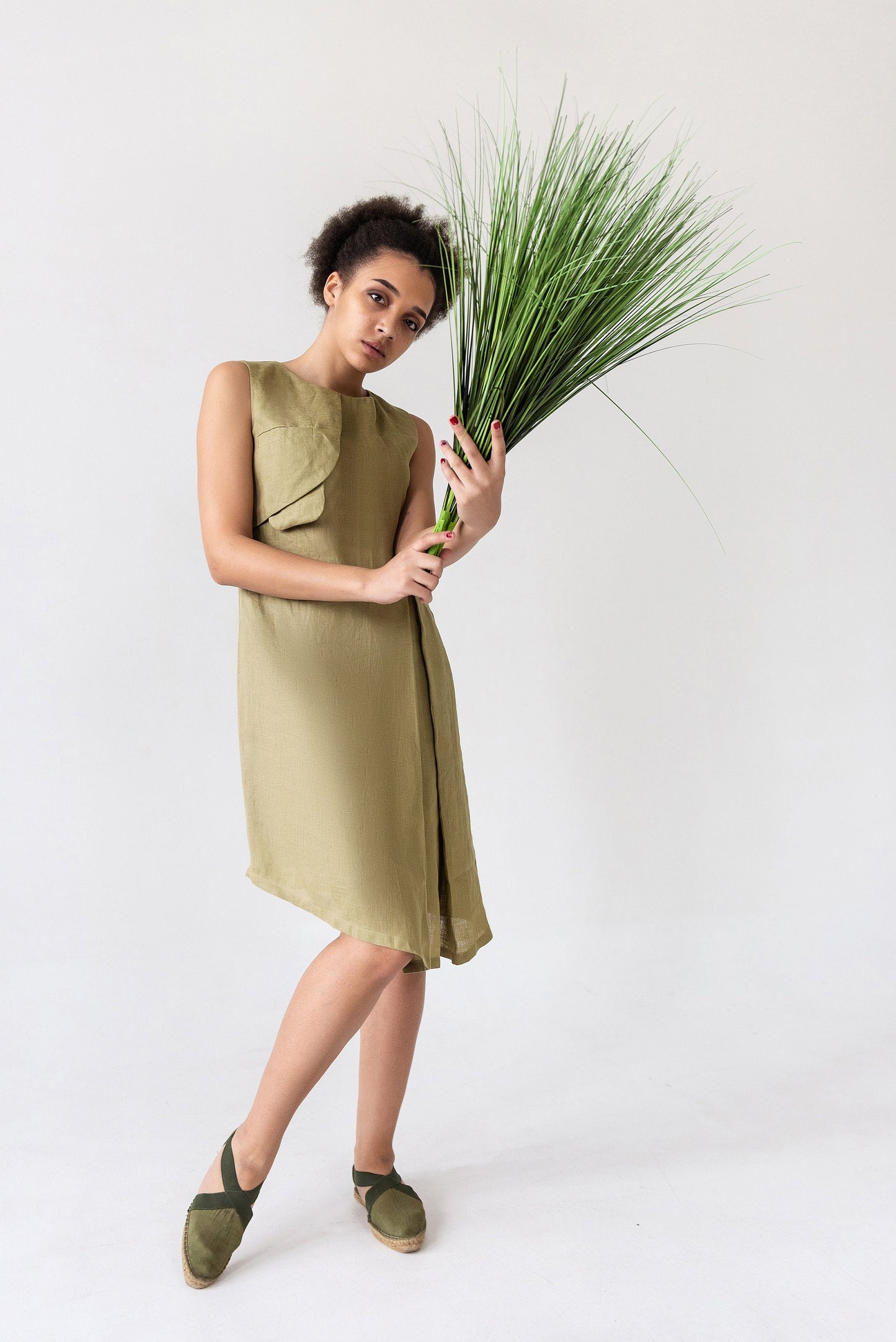 Olive green linen dress