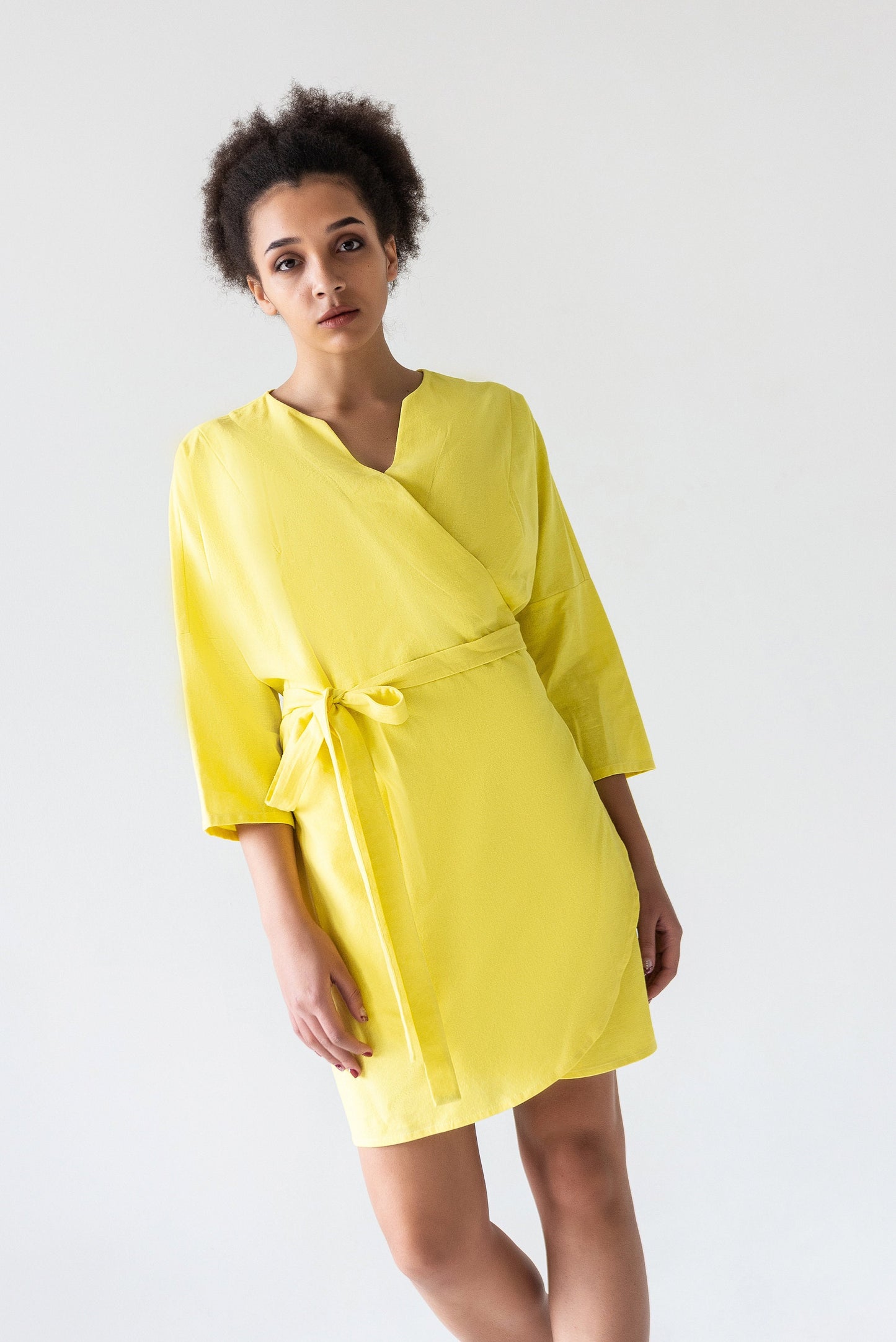 Yellow linen wrap midi dress