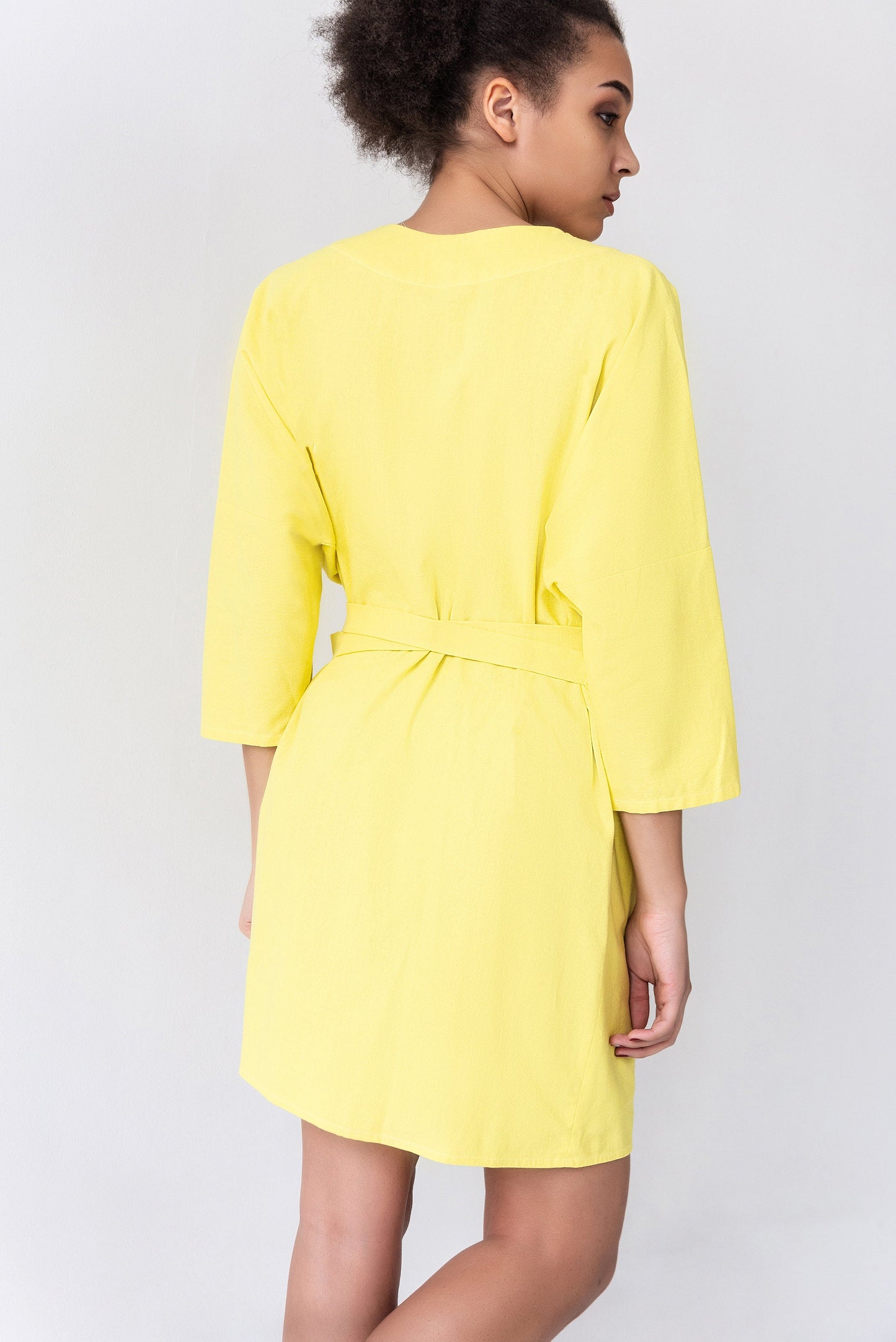 Yellow linen wrap midi dress