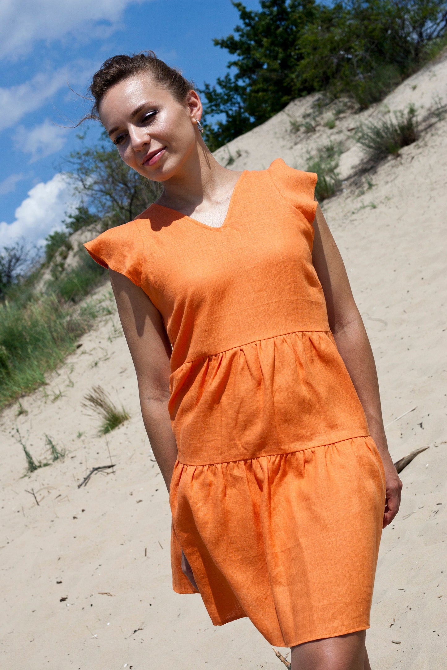 Ruffle sleeve linen dress