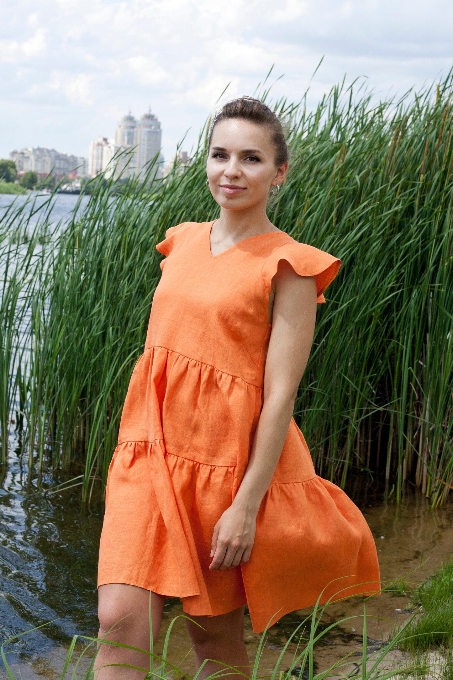 Ruffle sleeve linen dress