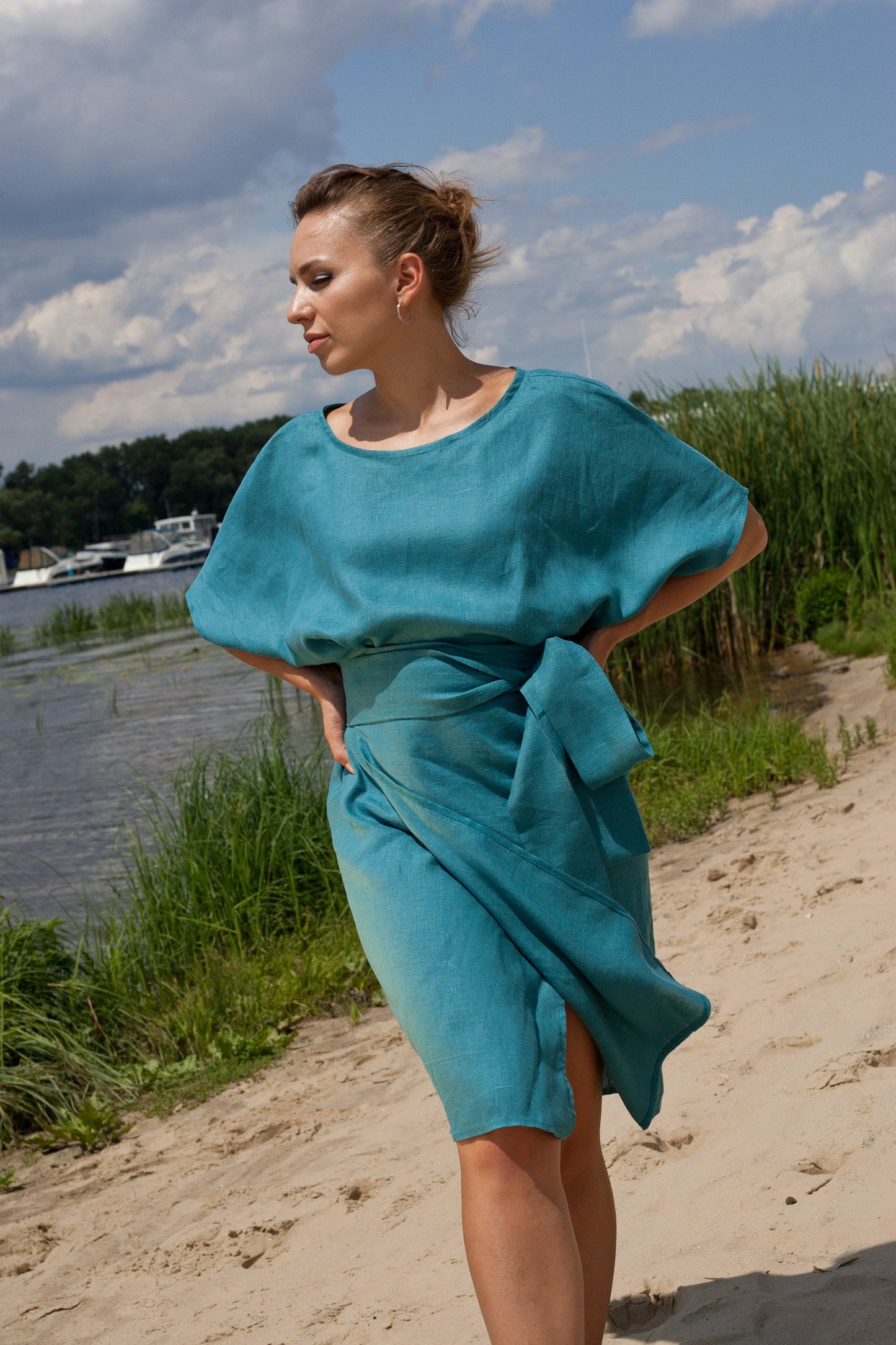 Blue linen wrap dress
