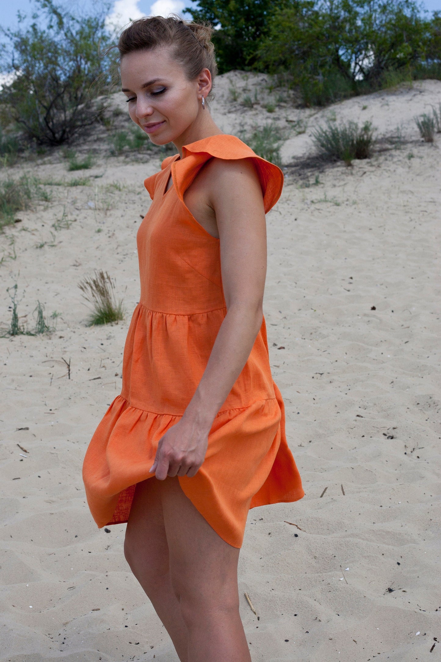 Ruffle sleeve linen dress