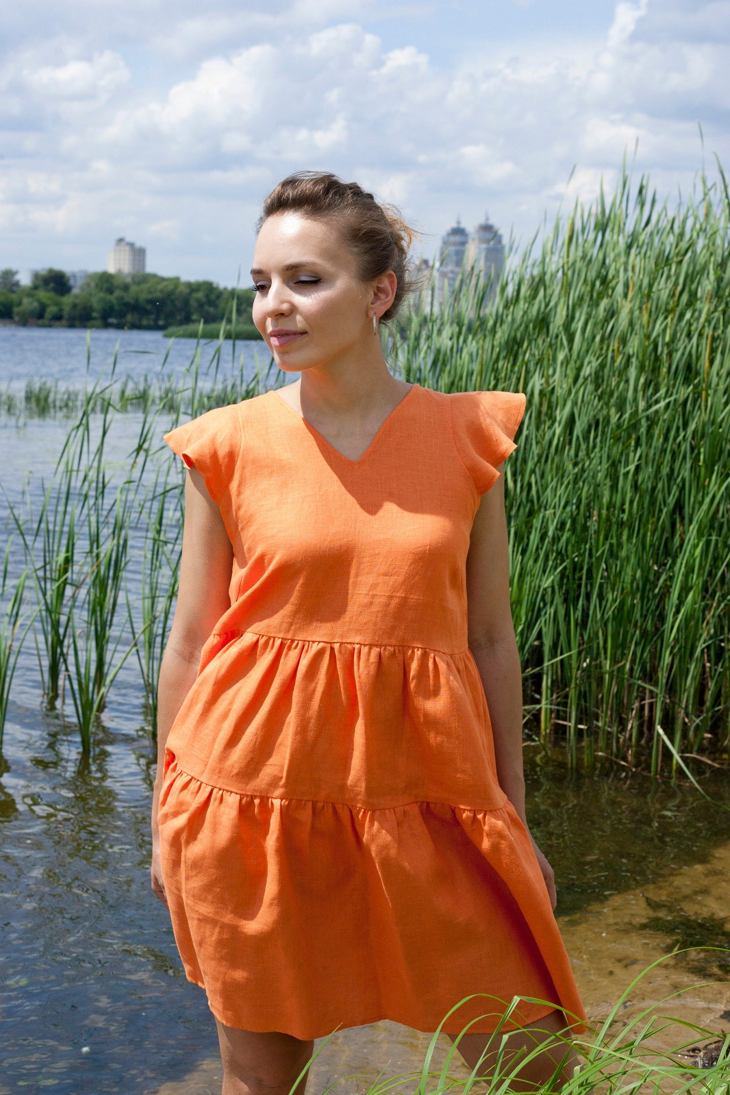 Ruffle sleeve linen dress