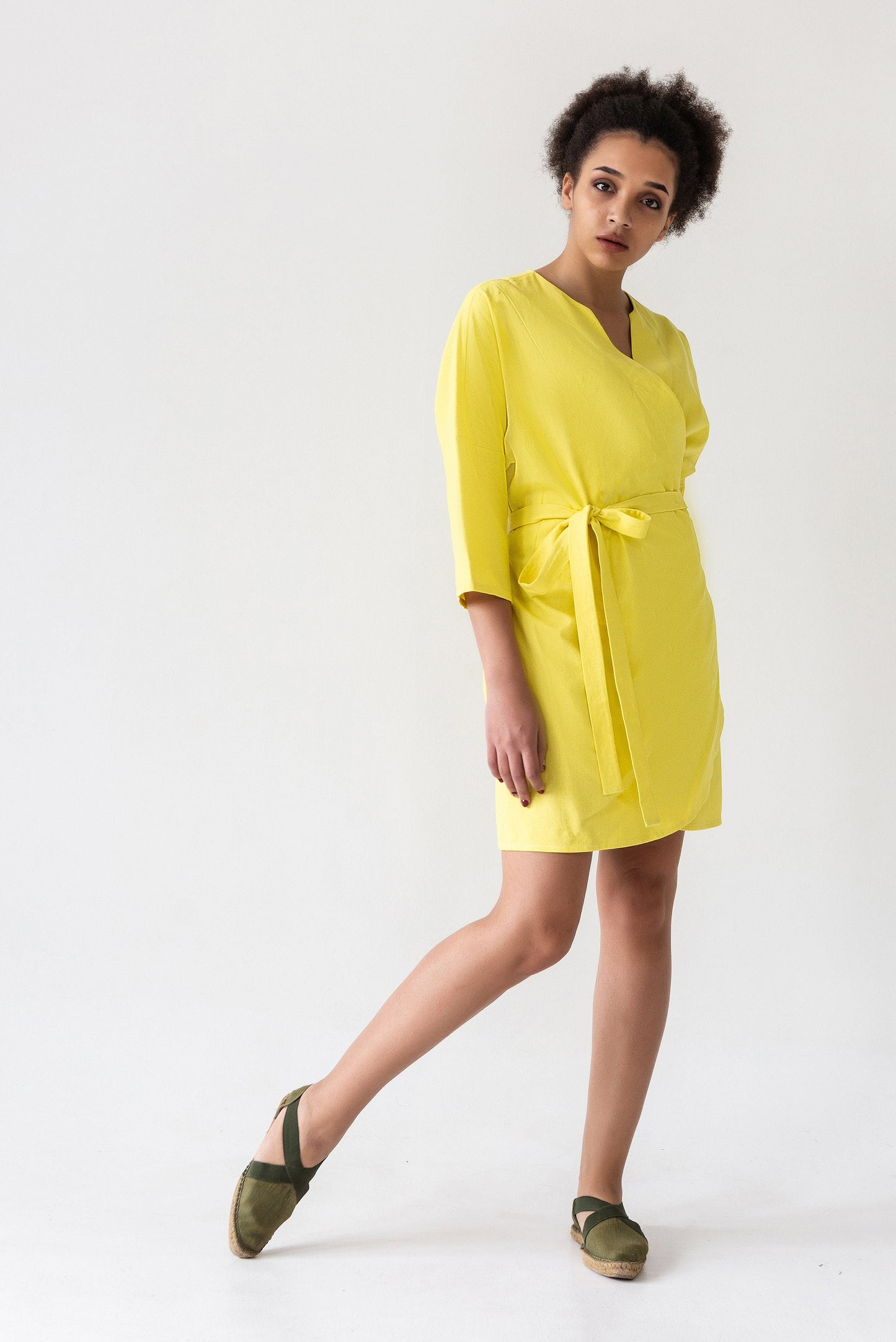 Yellow linen wrap midi dress