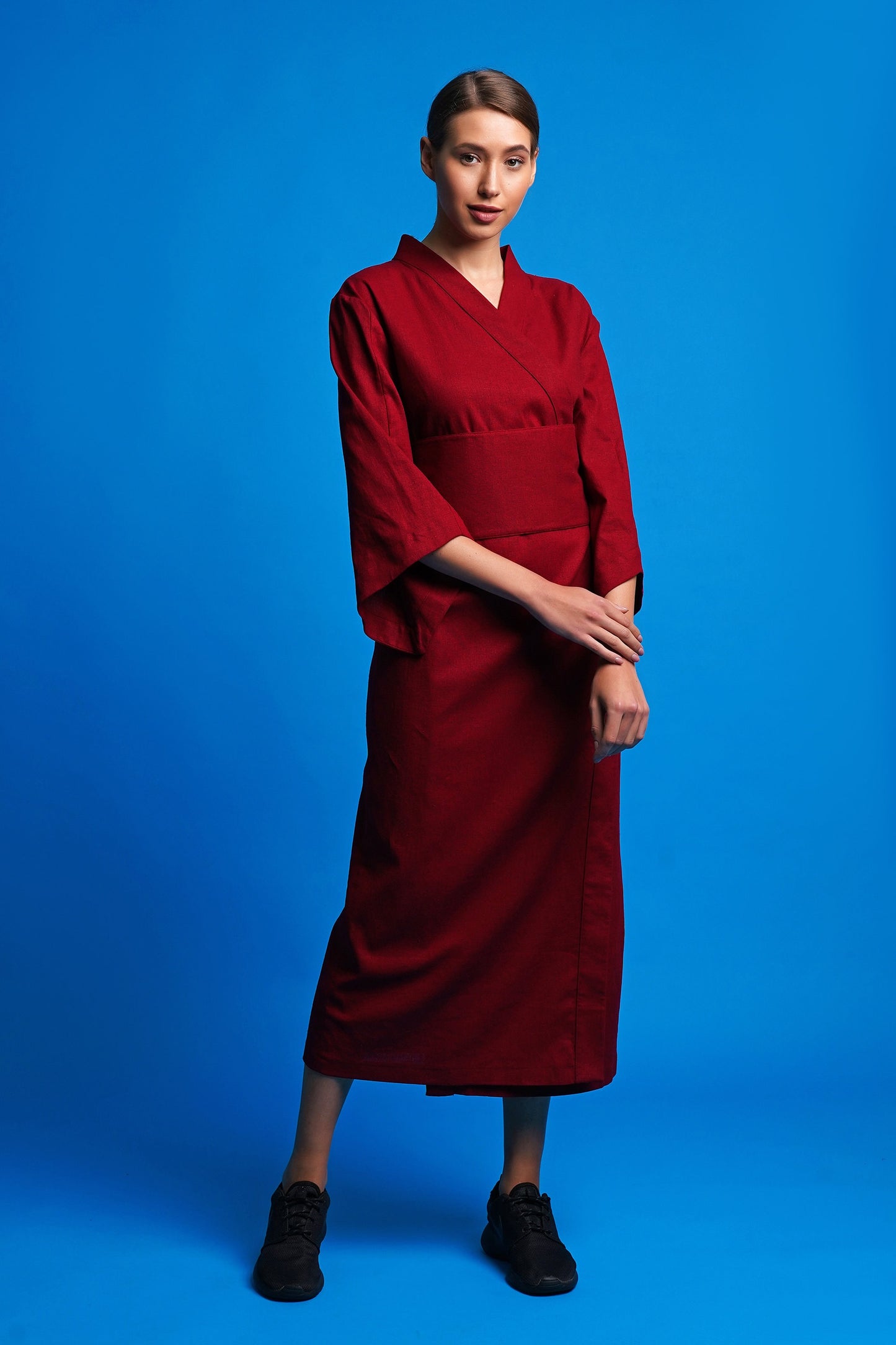 Red linen wrap dress