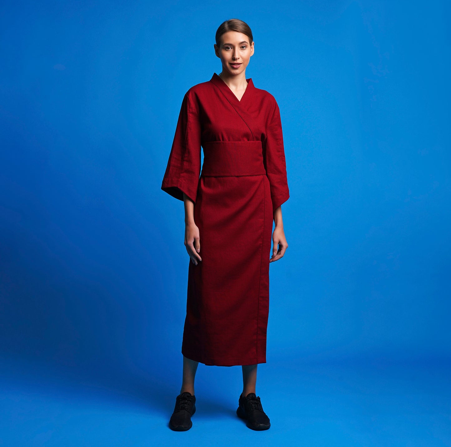 Red linen wrap dress