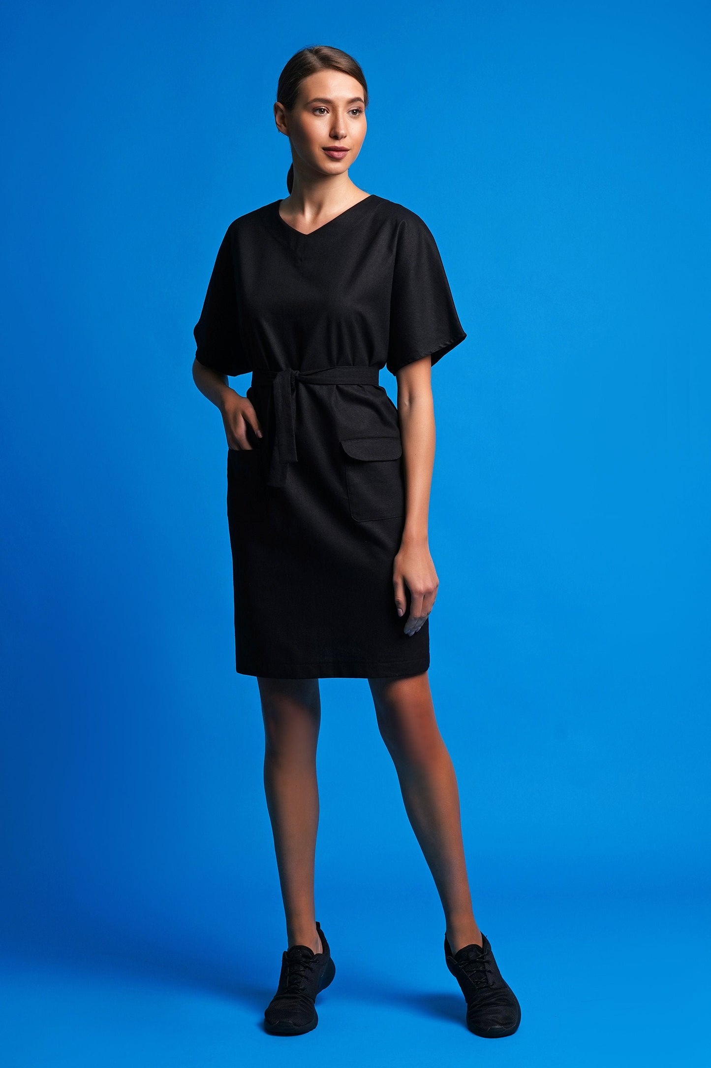 Black linen dress with pockets