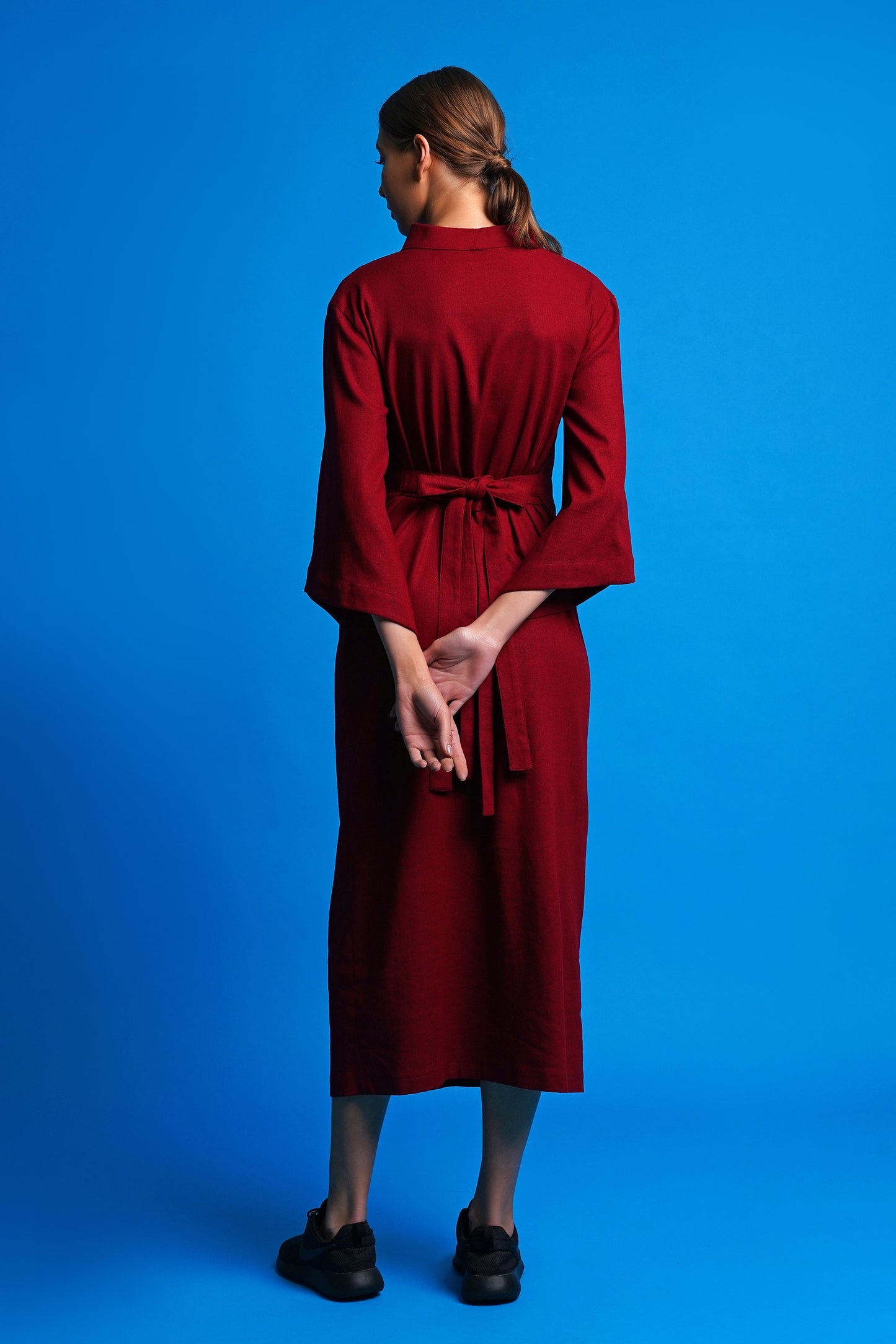 Red linen wrap dress