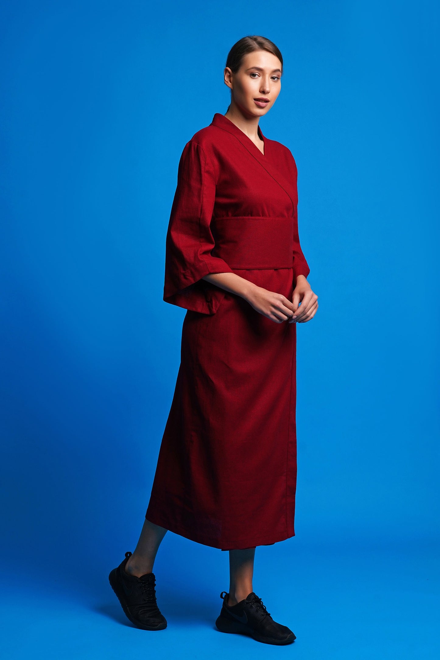 Red linen wrap dress