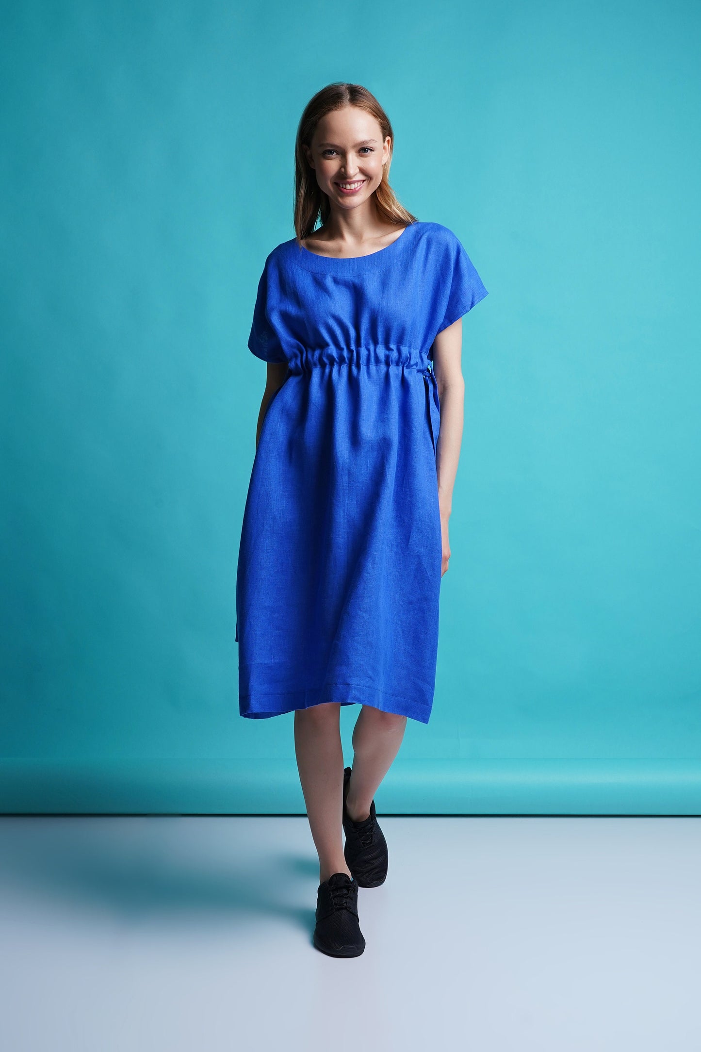 Blue linen shift midi dress