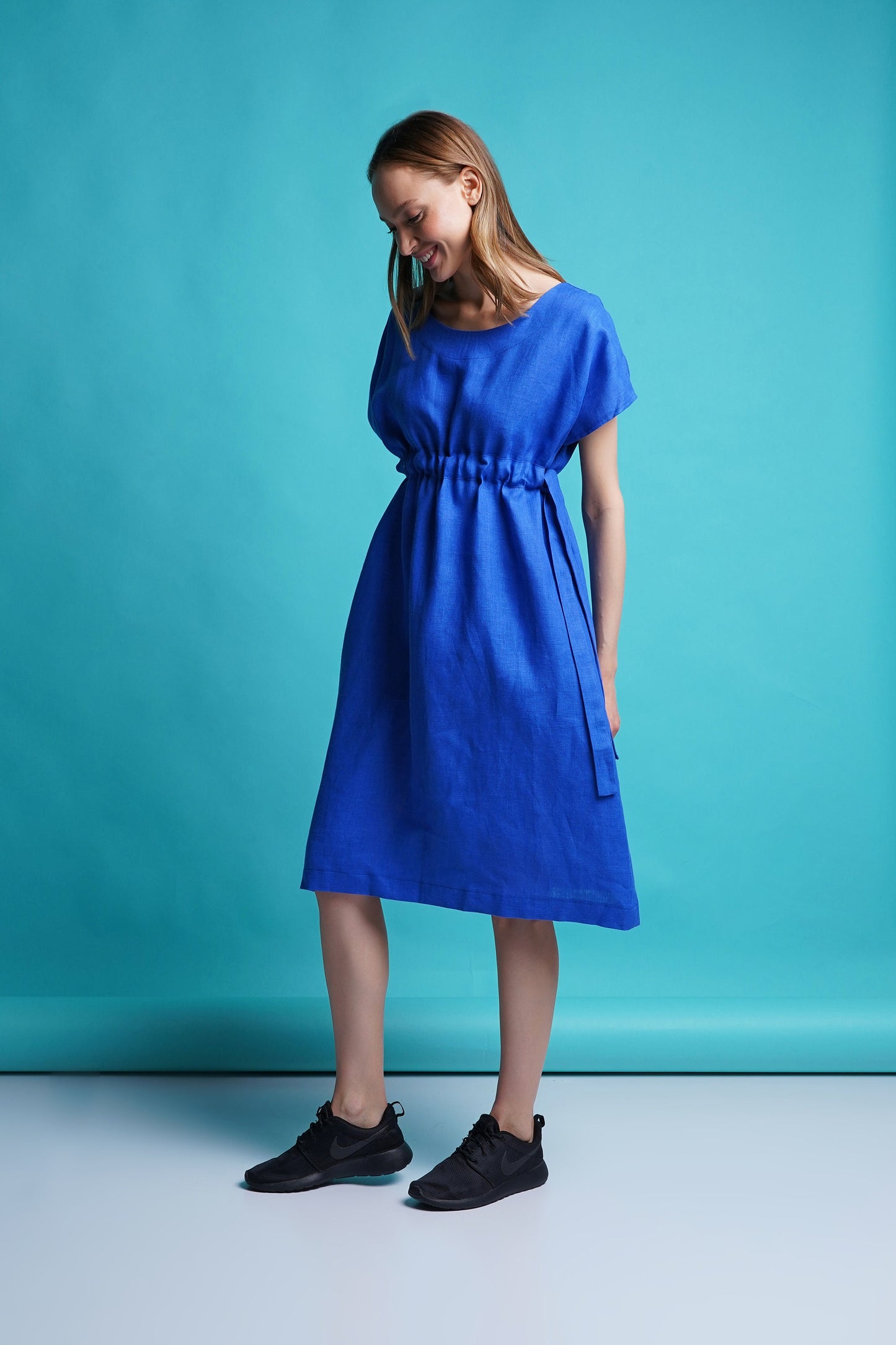 Blue linen shift midi dress