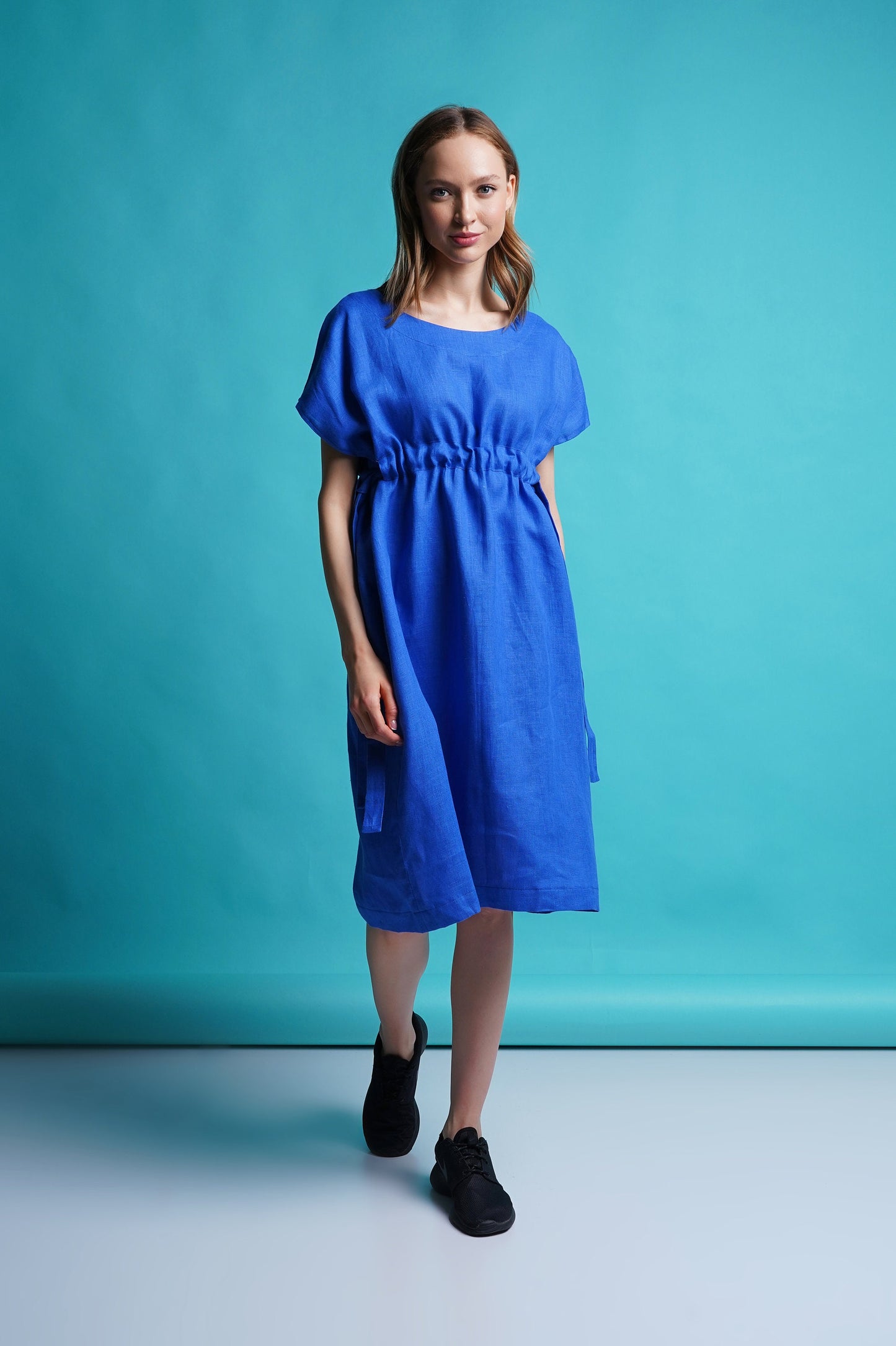 Blue linen shift midi dress