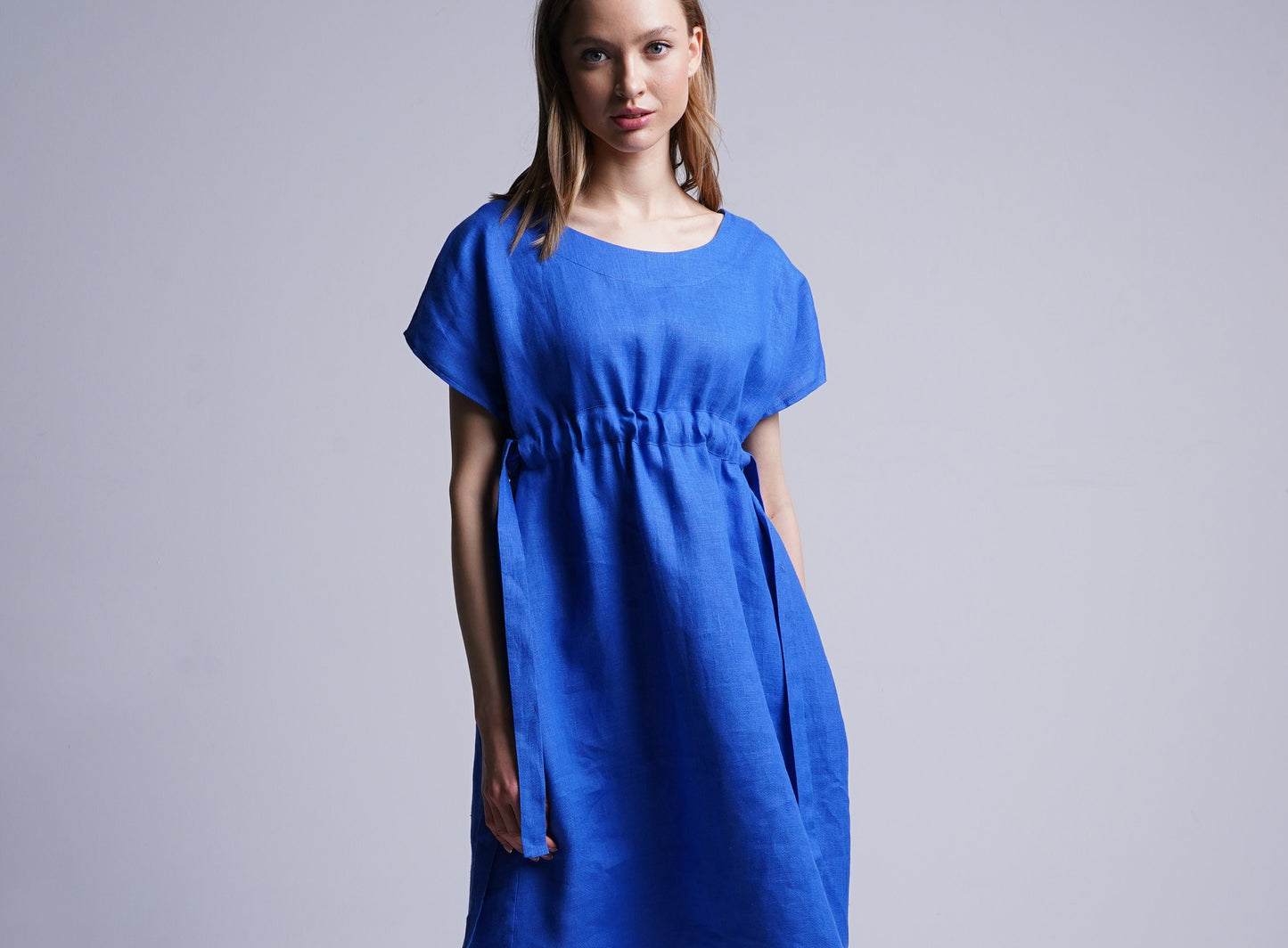 Blue linen shift midi dress