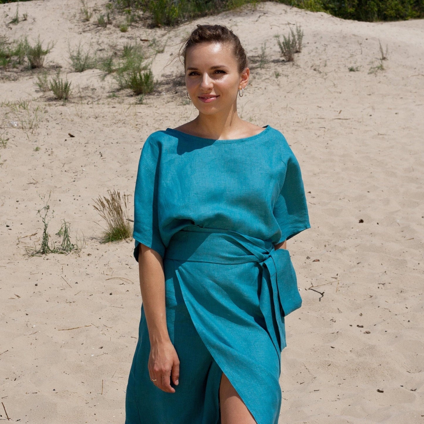 Blue linen wrap dress