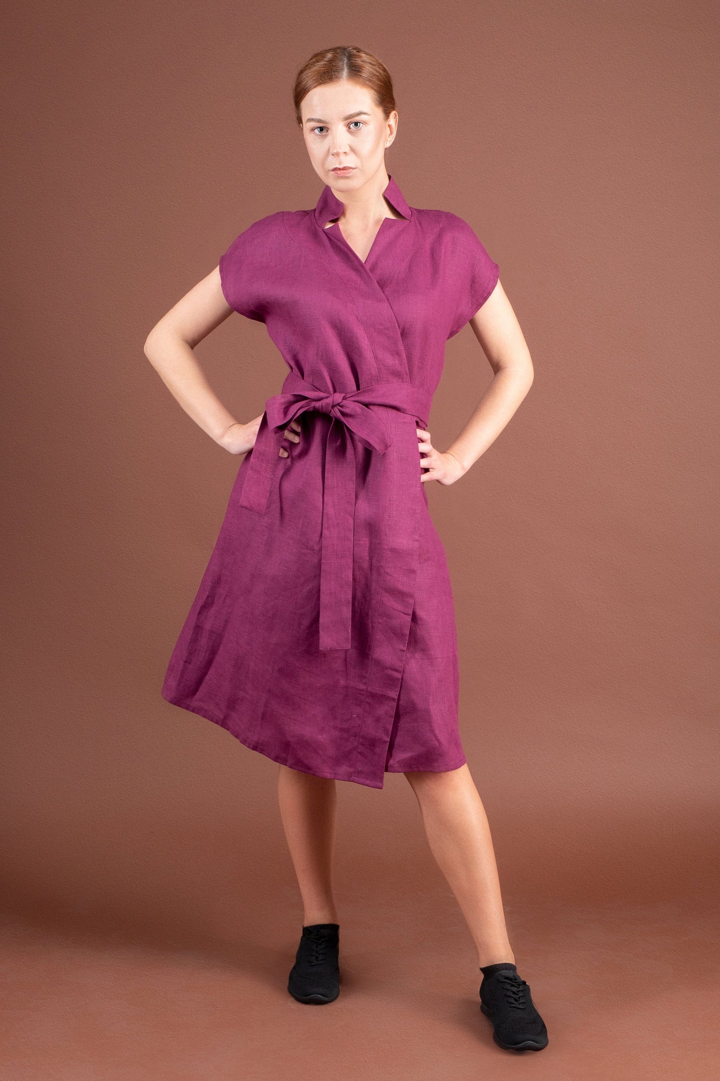 Purple linen wrap dress