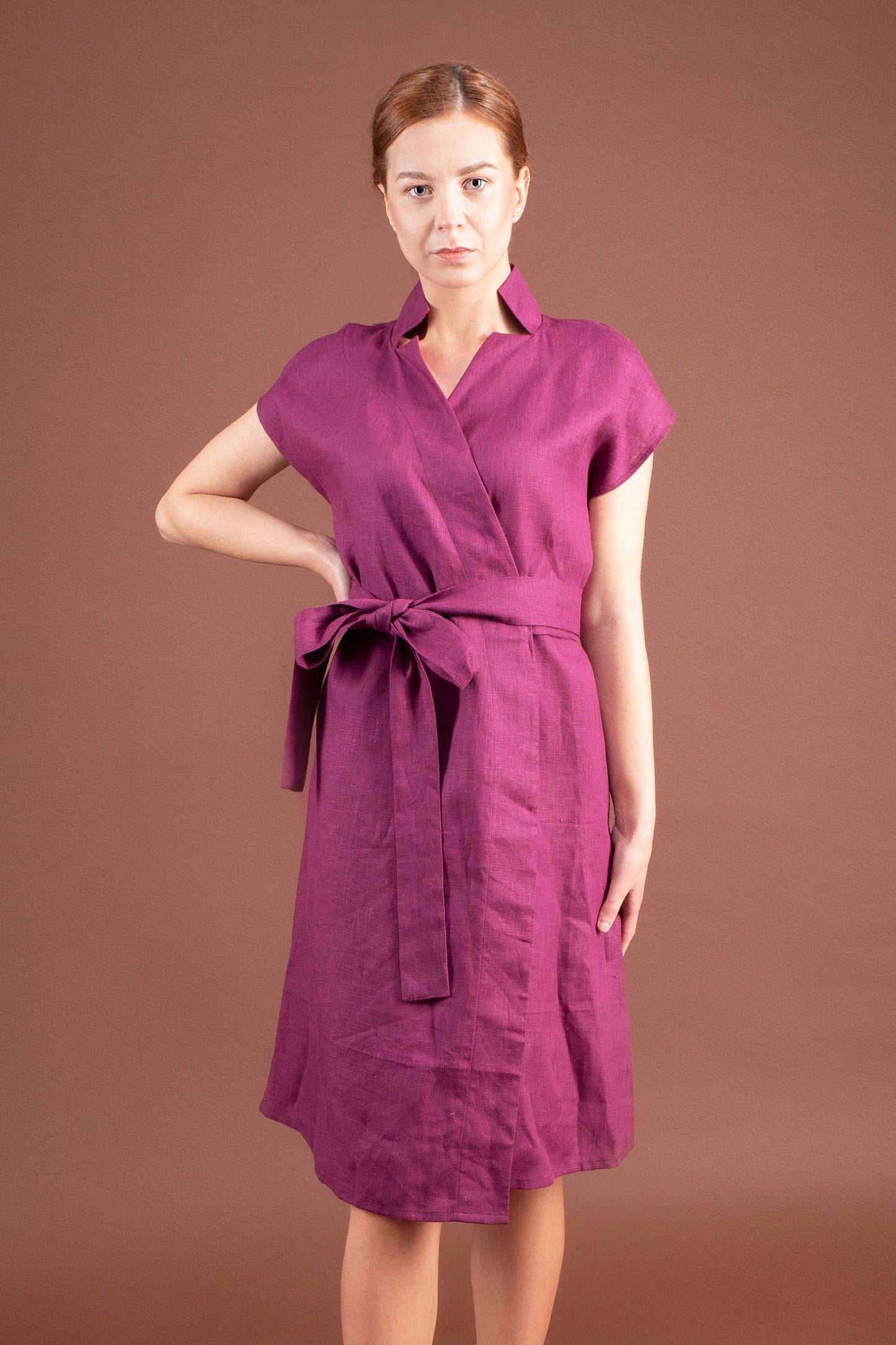 Purple linen wrap dress