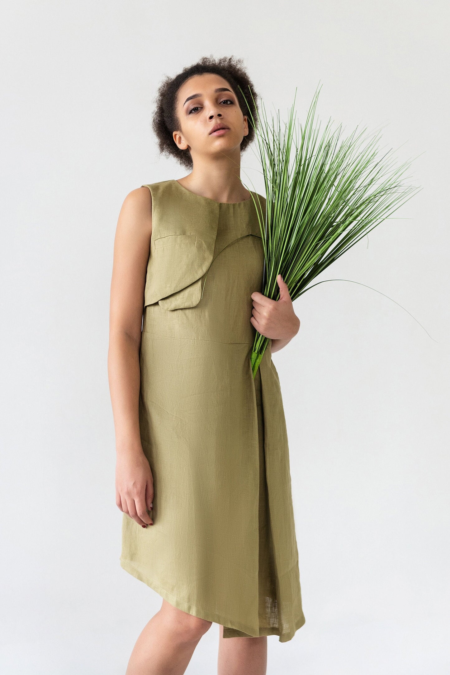 Olive green linen dress