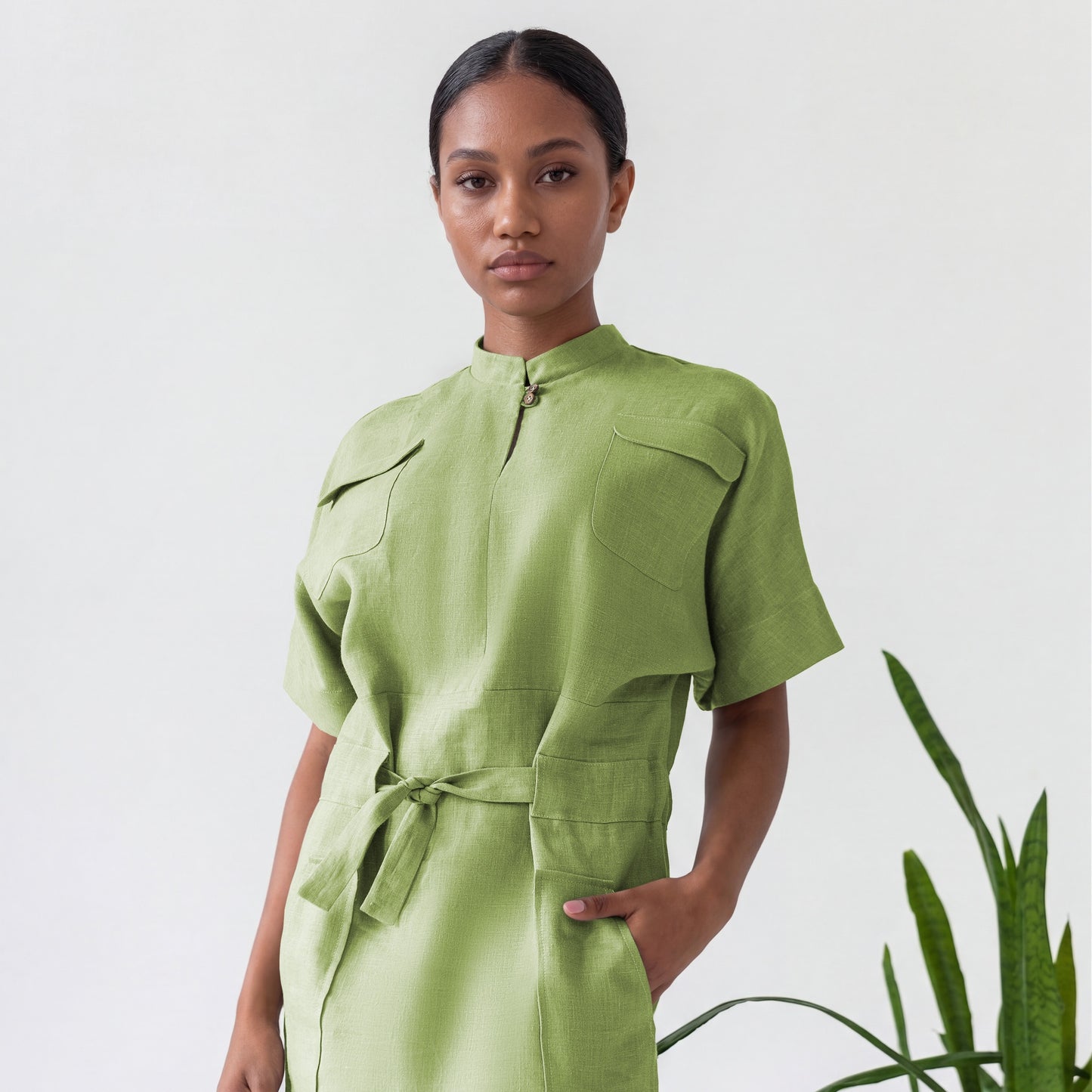 Green linen summer dress