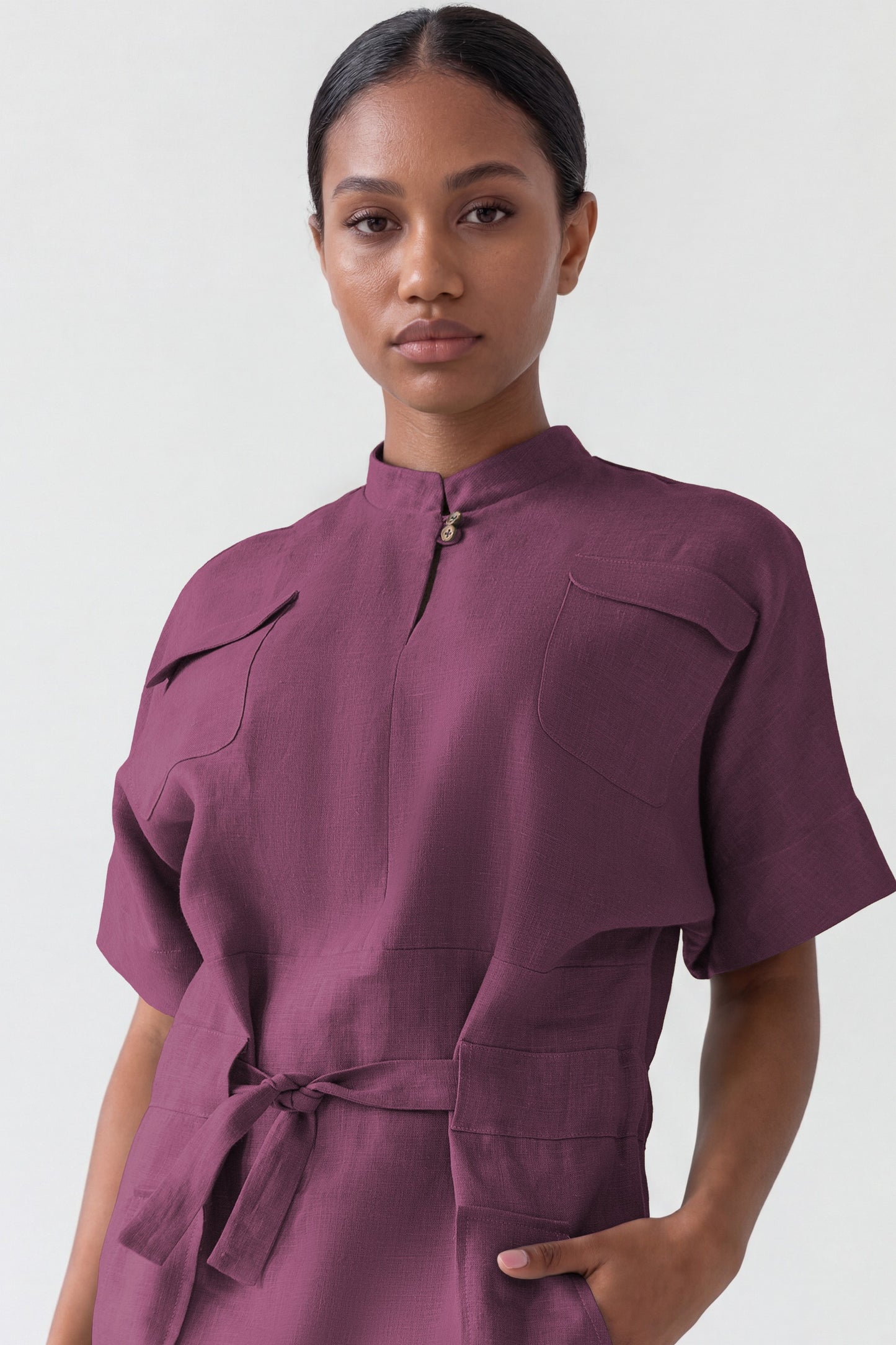 Plum Linen Safari Dress