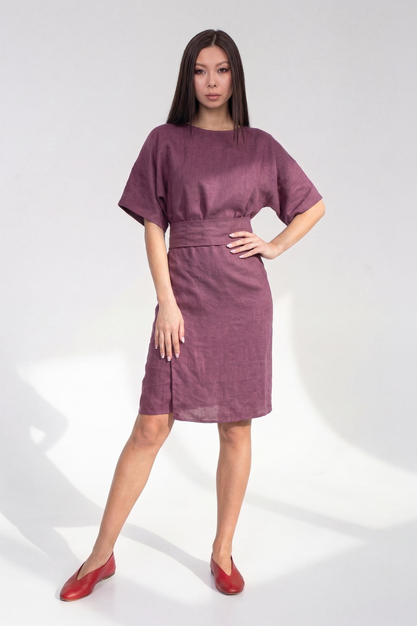 Plum linen wrap dress