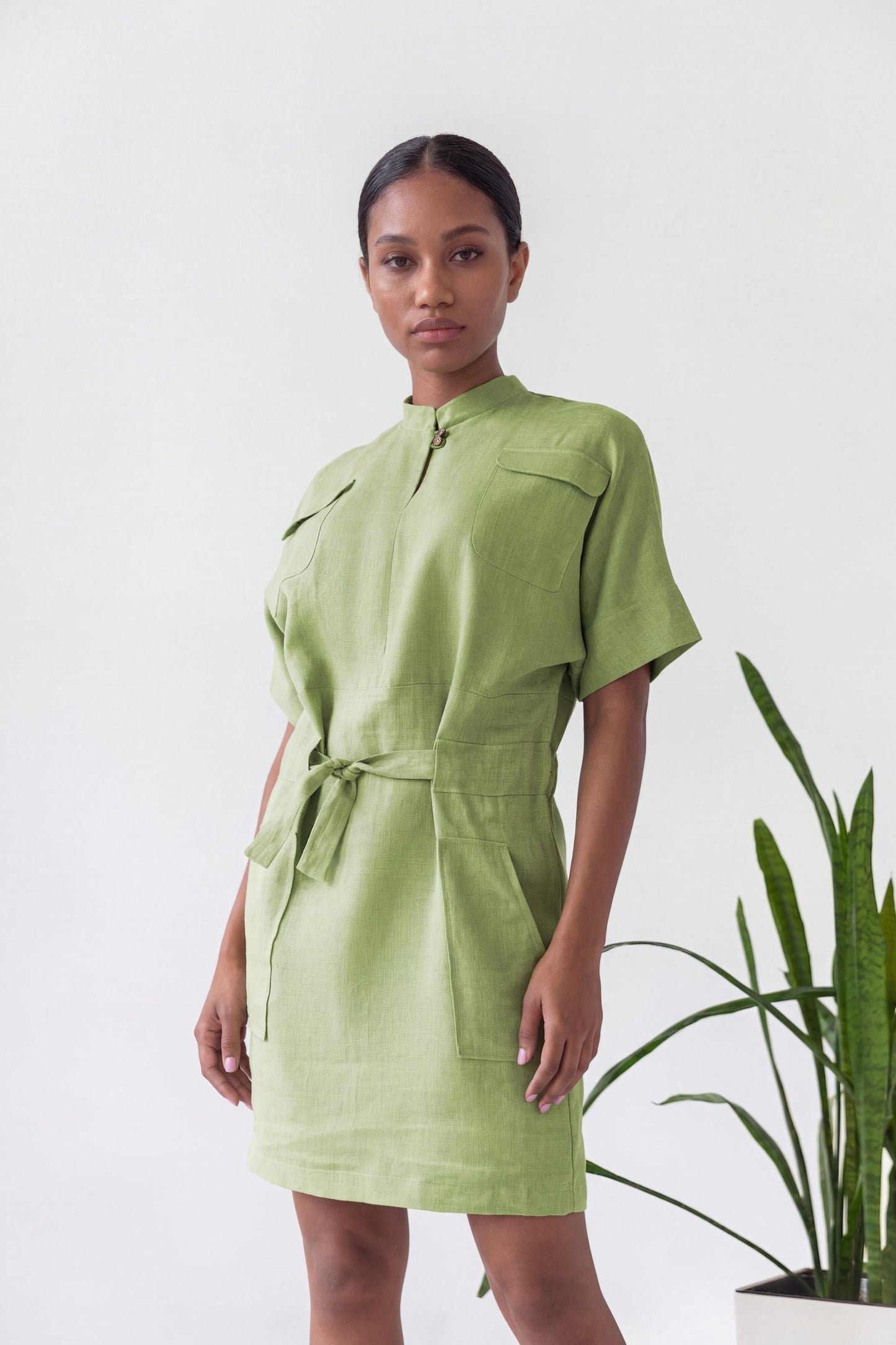 Woman wearing a green dress standing next to a plant on a white background