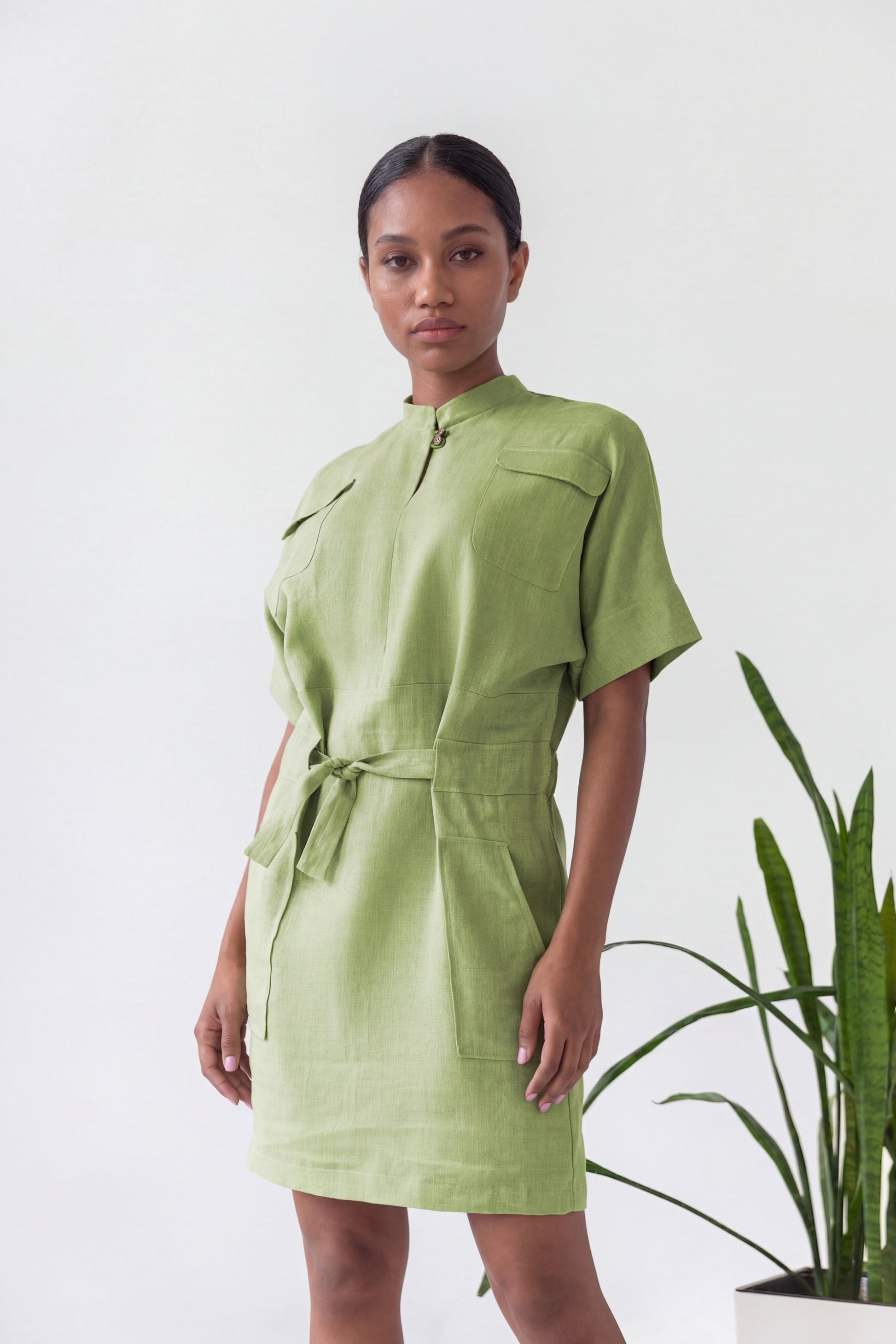 Woman wearing a green dress standing next to a plant on a white background