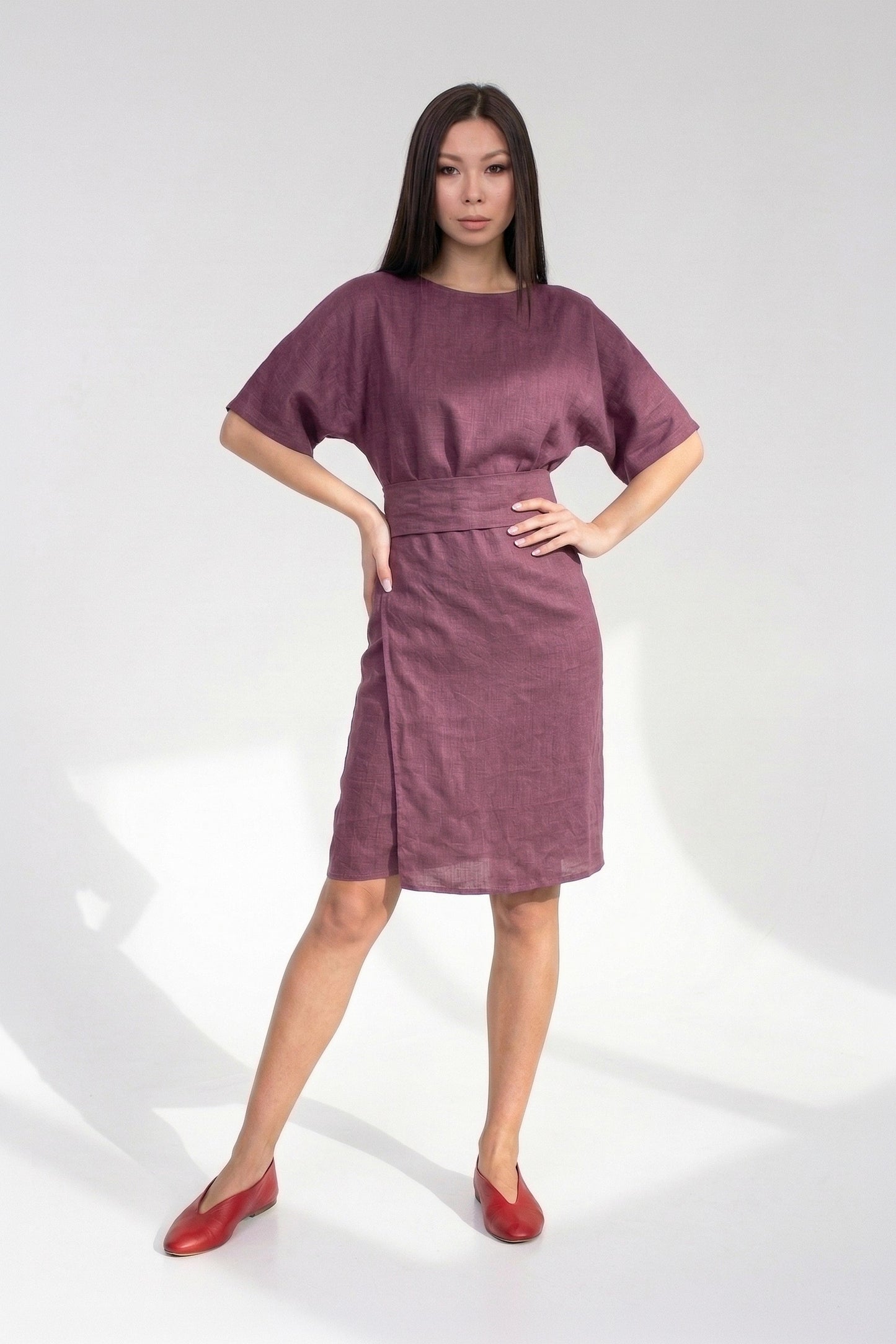 Plum linen wrap dress