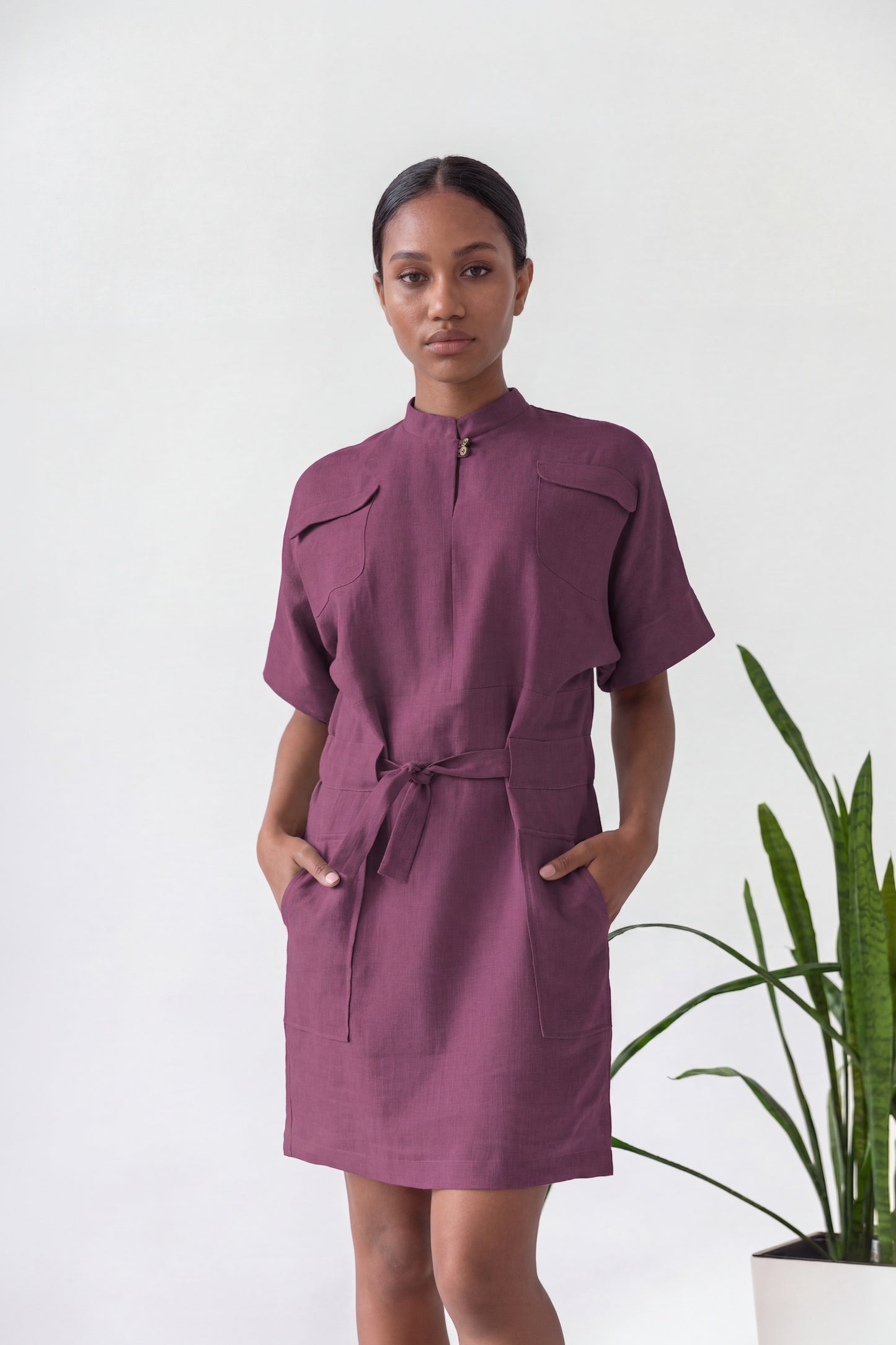 Plum Linen Safari Dress