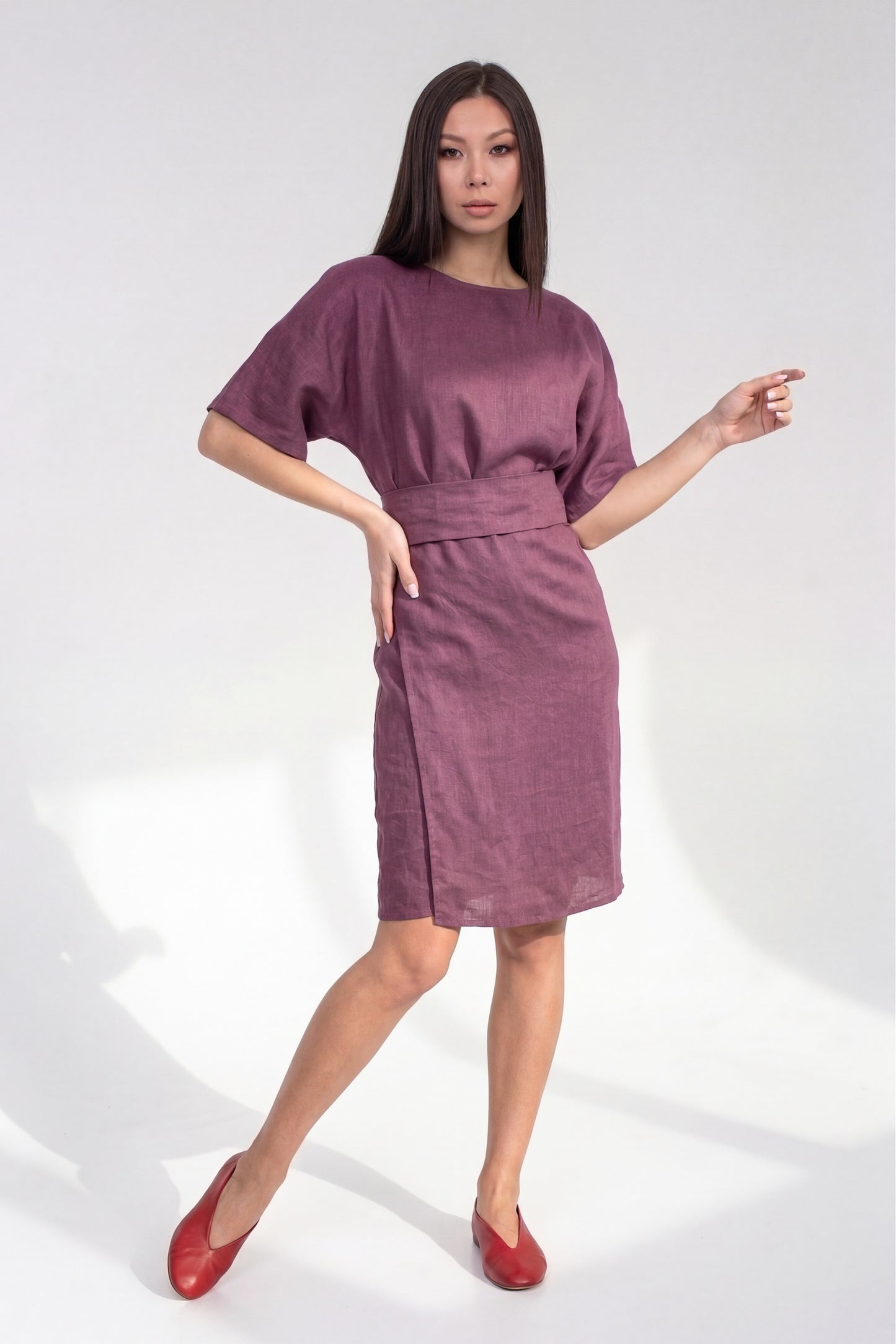 Plum linen wrap dress