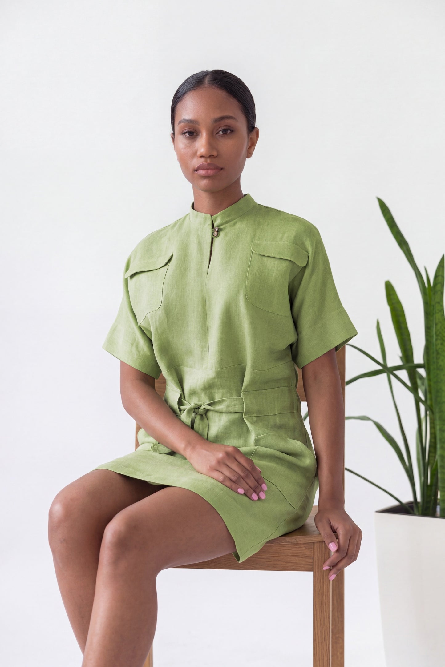 Green linen summer dress