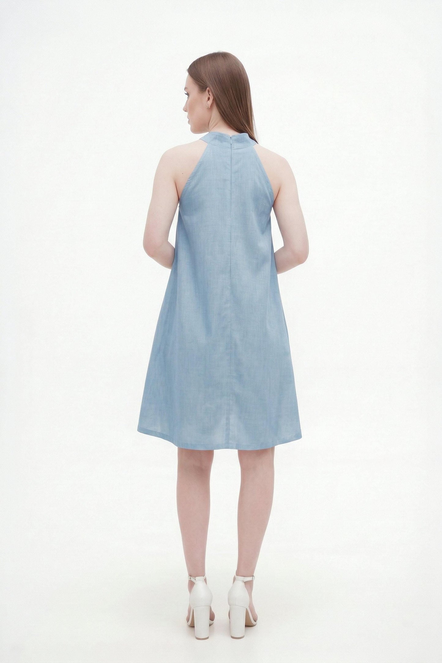 Blue Linen Dress back view