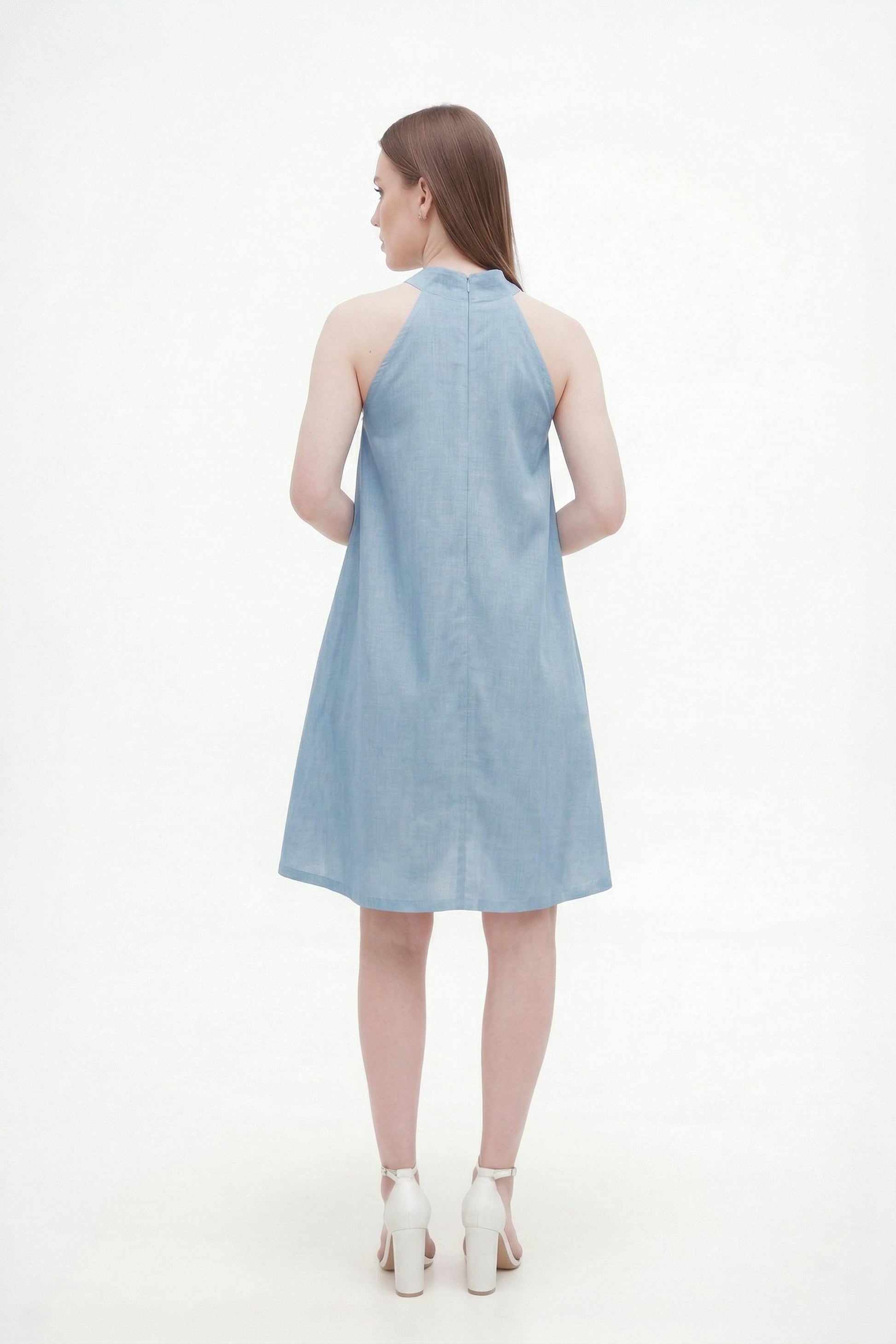 Blue Linen Dress back view