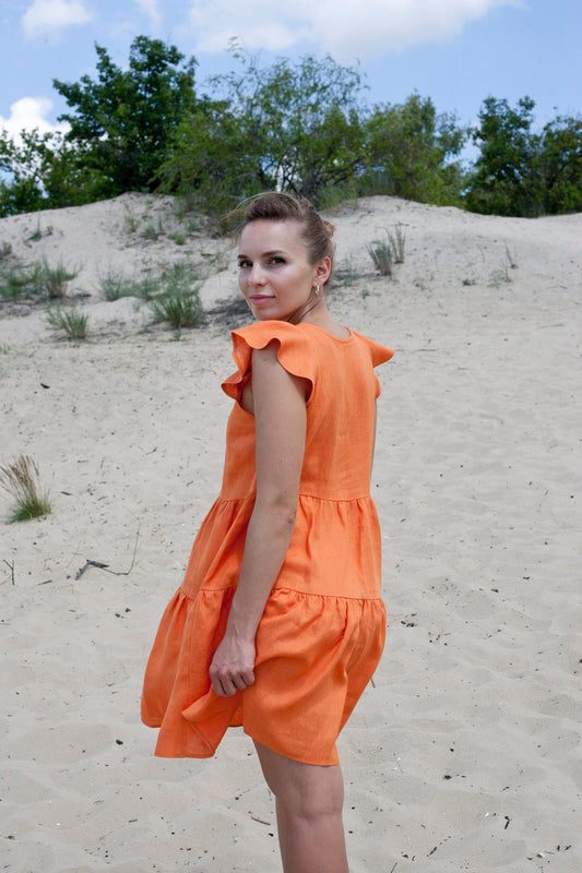 Ruffle sleeve linen dress