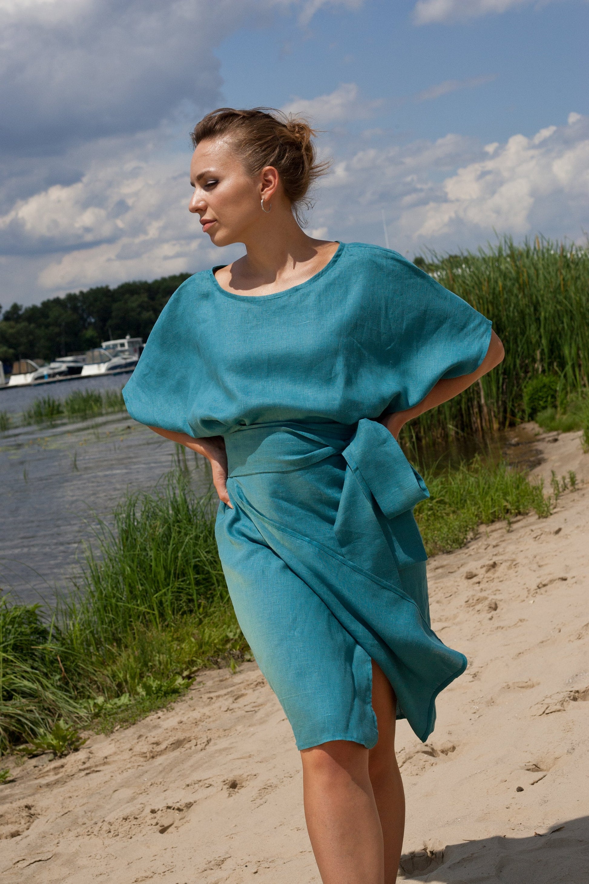 Blue linen wrap dress