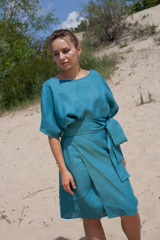 Blue linen wrap dress