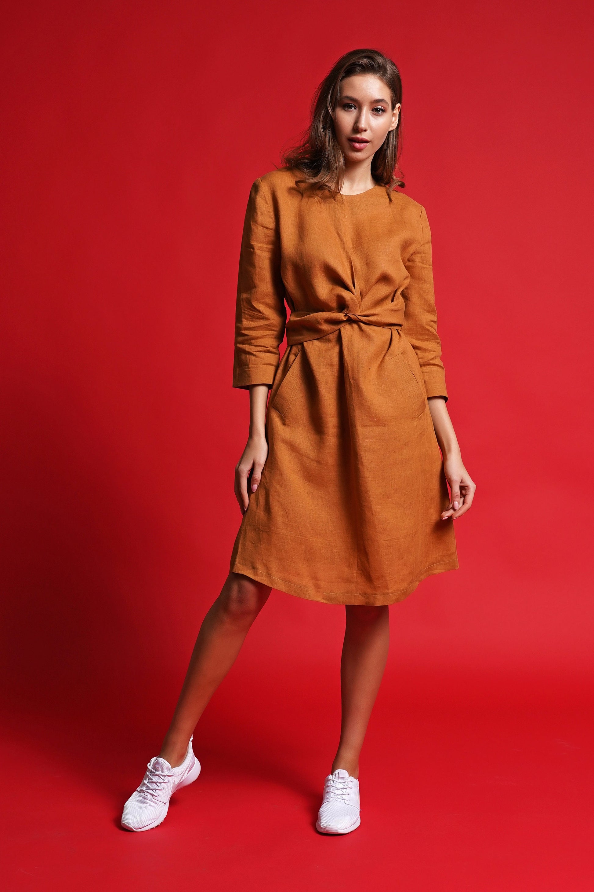 burnt orange linen dress Left An Impression Burnt Orange Linen Blend Off The Shoulder Mini Dress