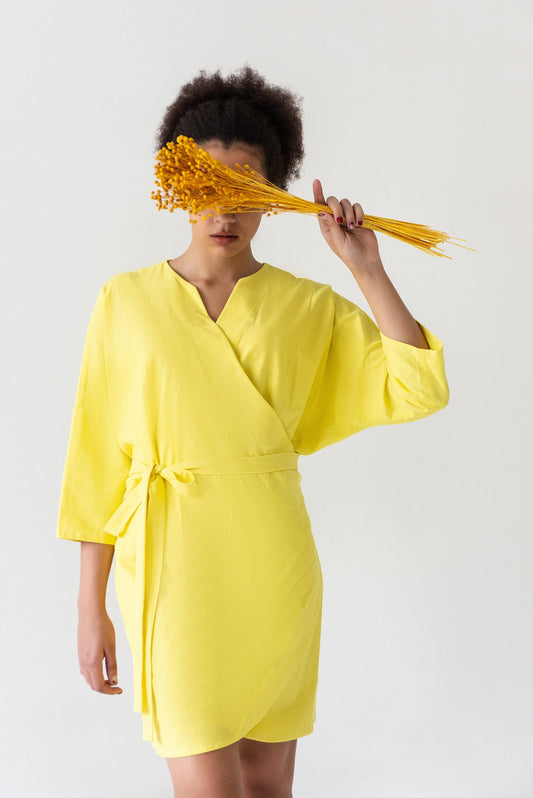 Yellow linen wrap midi dress