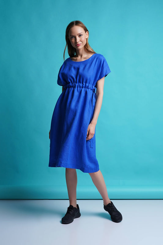 Blue linen shift midi dress