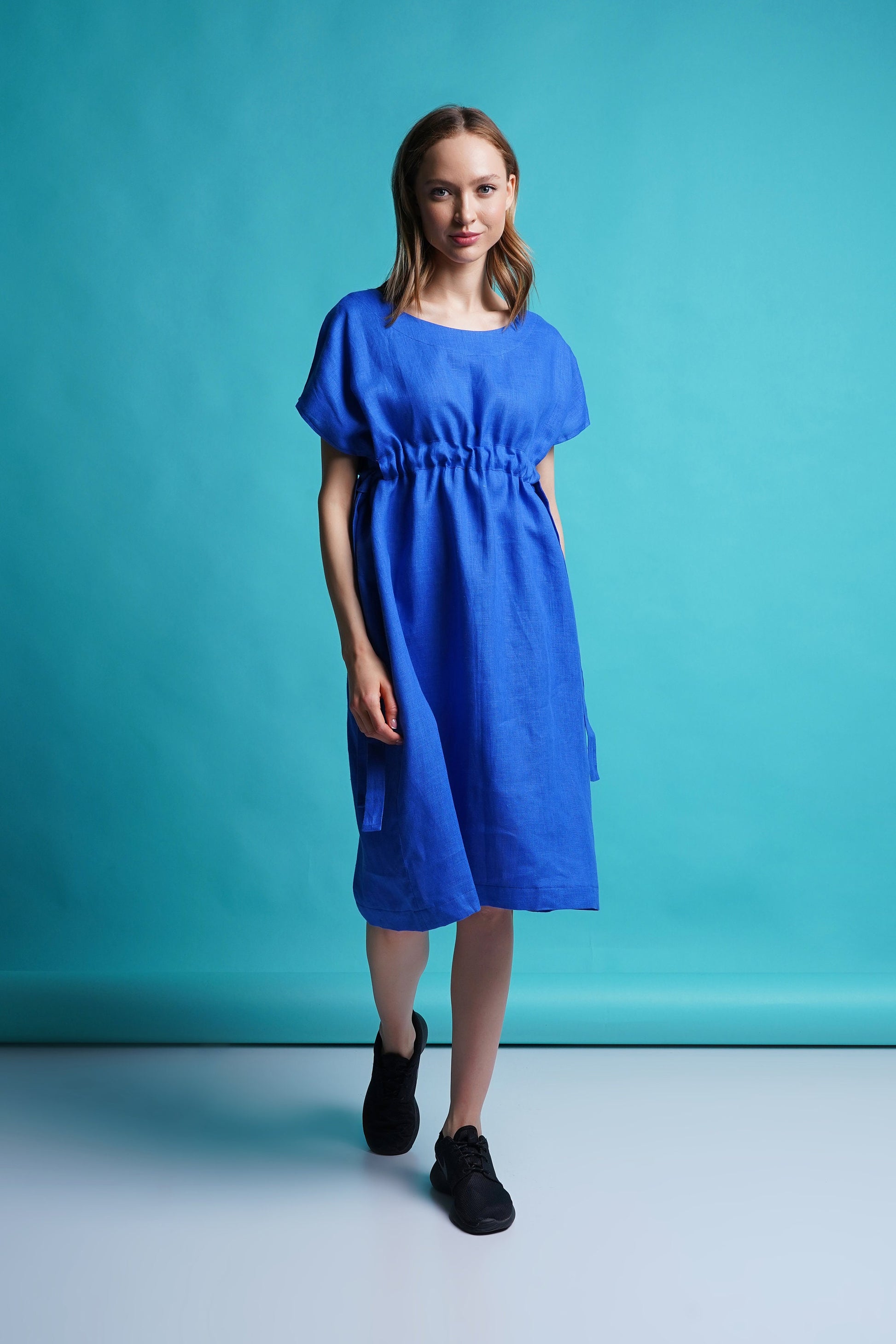 Blue linen shift midi dress
