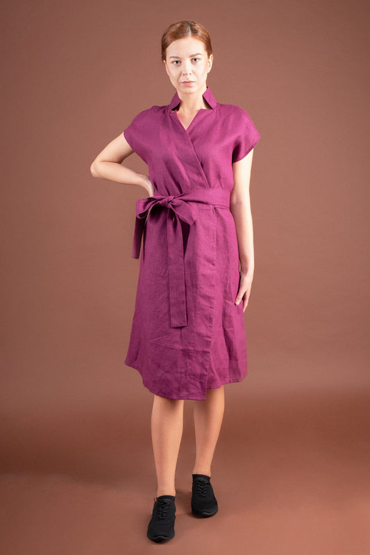 Purple linen wrap dress