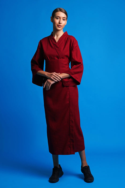 Red linen wrap dress