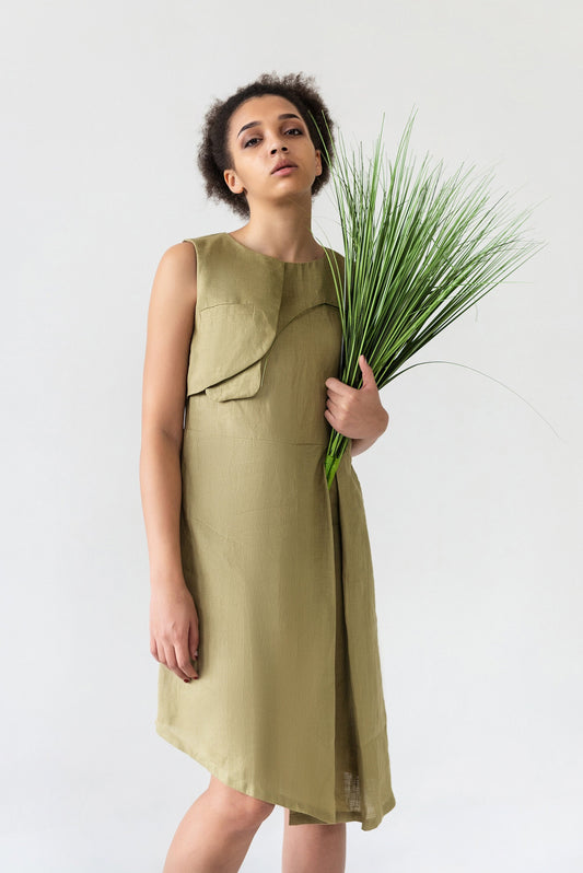 Olive green linen dress